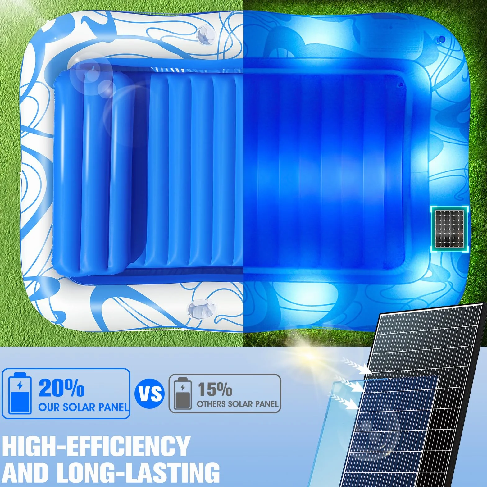 DeeprBetter Dmuchany leżak do opalania dla dorosłych, 203 x 137 cm, solarny, tratwa ze światłami, osobisty, na imprezę na podwórku