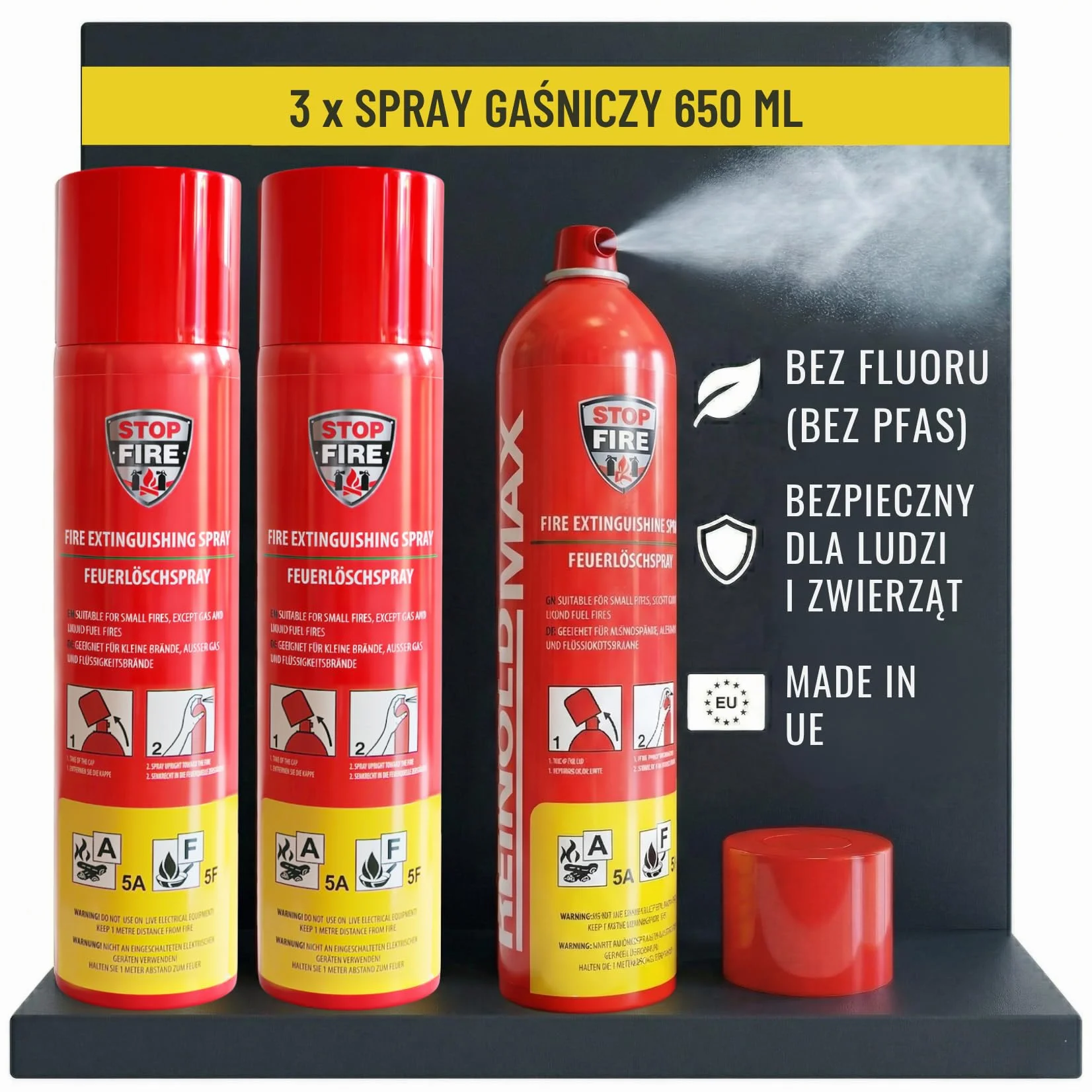 3x 650ml spray gaśniczy A F & E do 1000 V bez fluoru | Bezpieczna dla skóry piana gaśnicza, Mini gaśnica do auta – do domu i samochodu, mała gaśnica