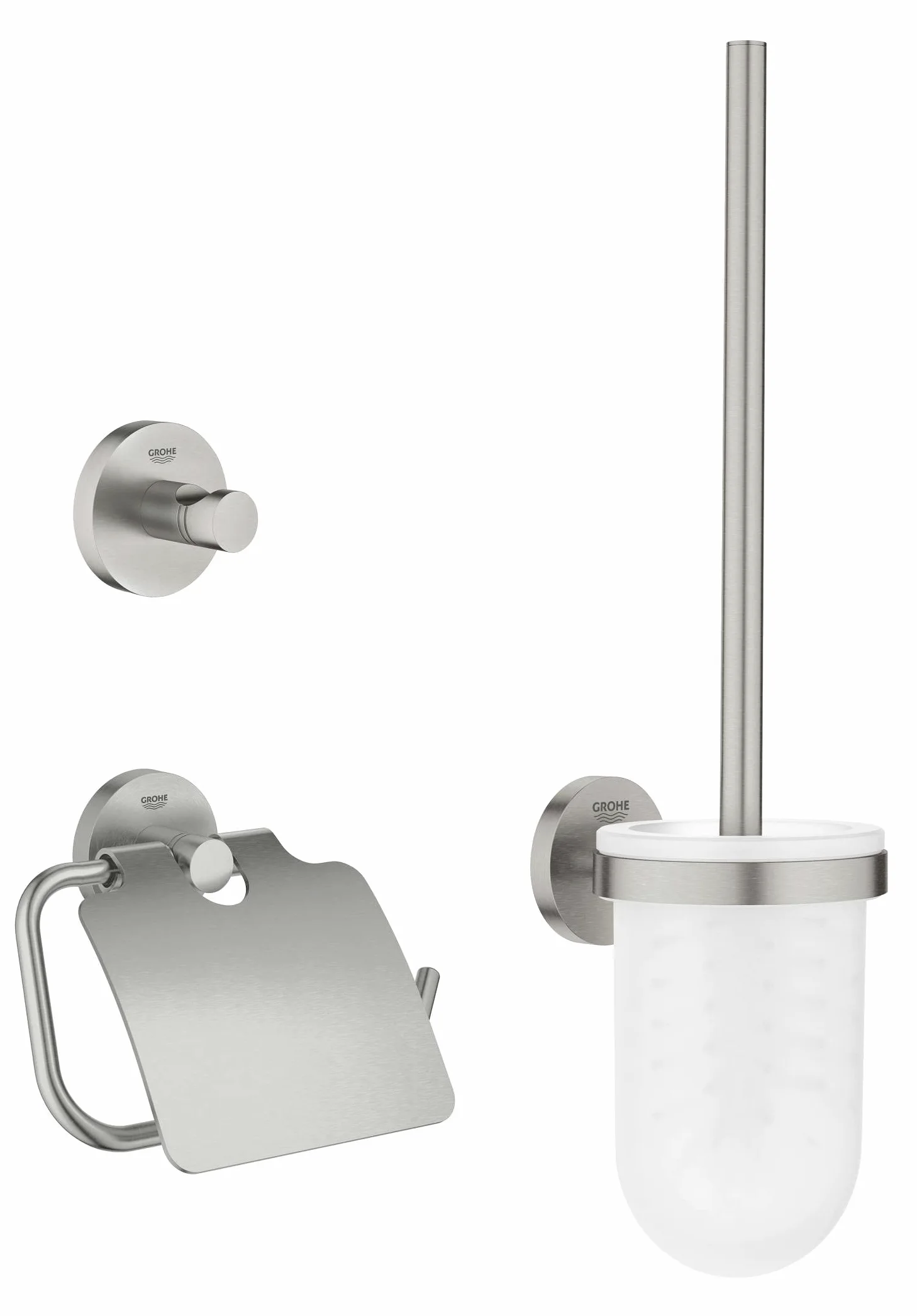 Grohe Start QuickFix zestaw akcesoriów 3 w 1, szary matowy, z pokrywką, pojedynczym wieszakiem i zestawem szczotkowym, do przyklejenia (QuickGlue A1) lub wkręcania, ref. 41204DC0