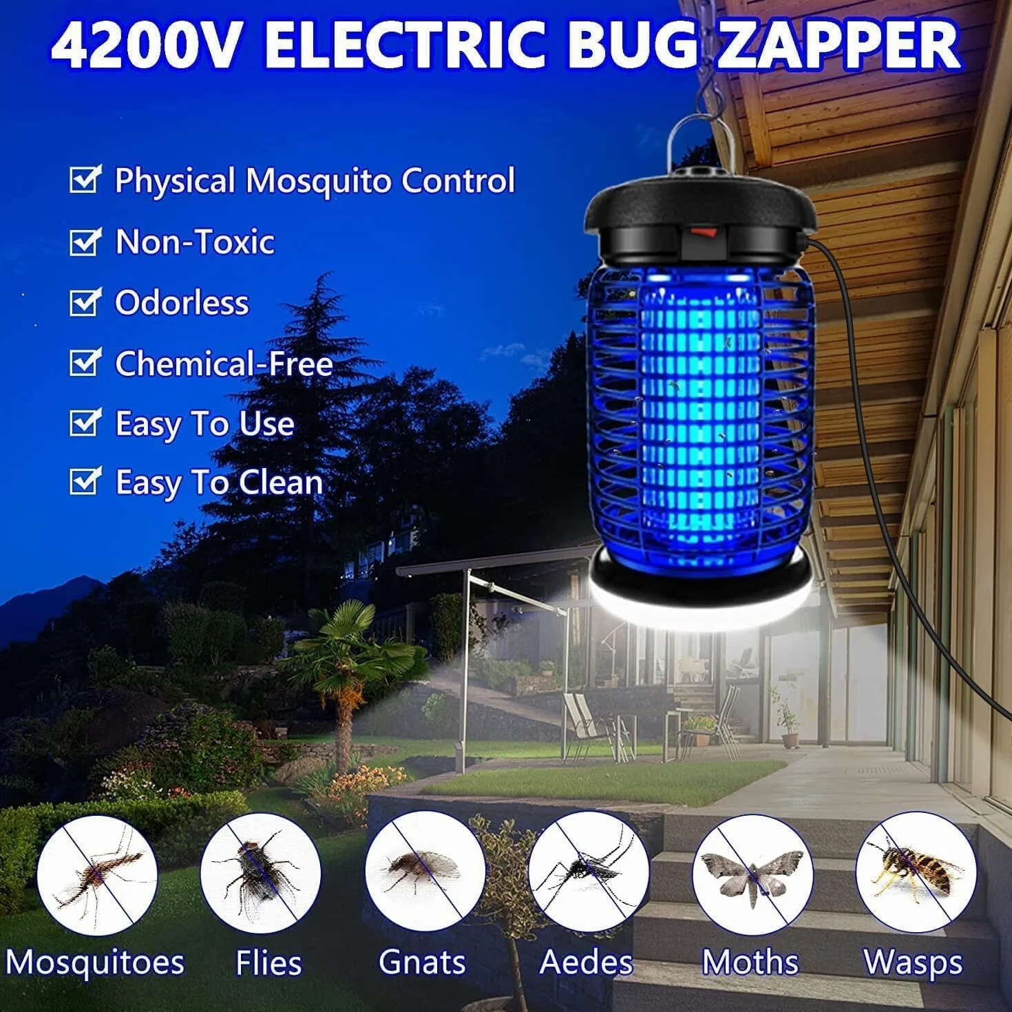 Elektryczna Pułapka na Owady 15W 4200V Lampa owadobójcza IPX4 Wodoszczelna