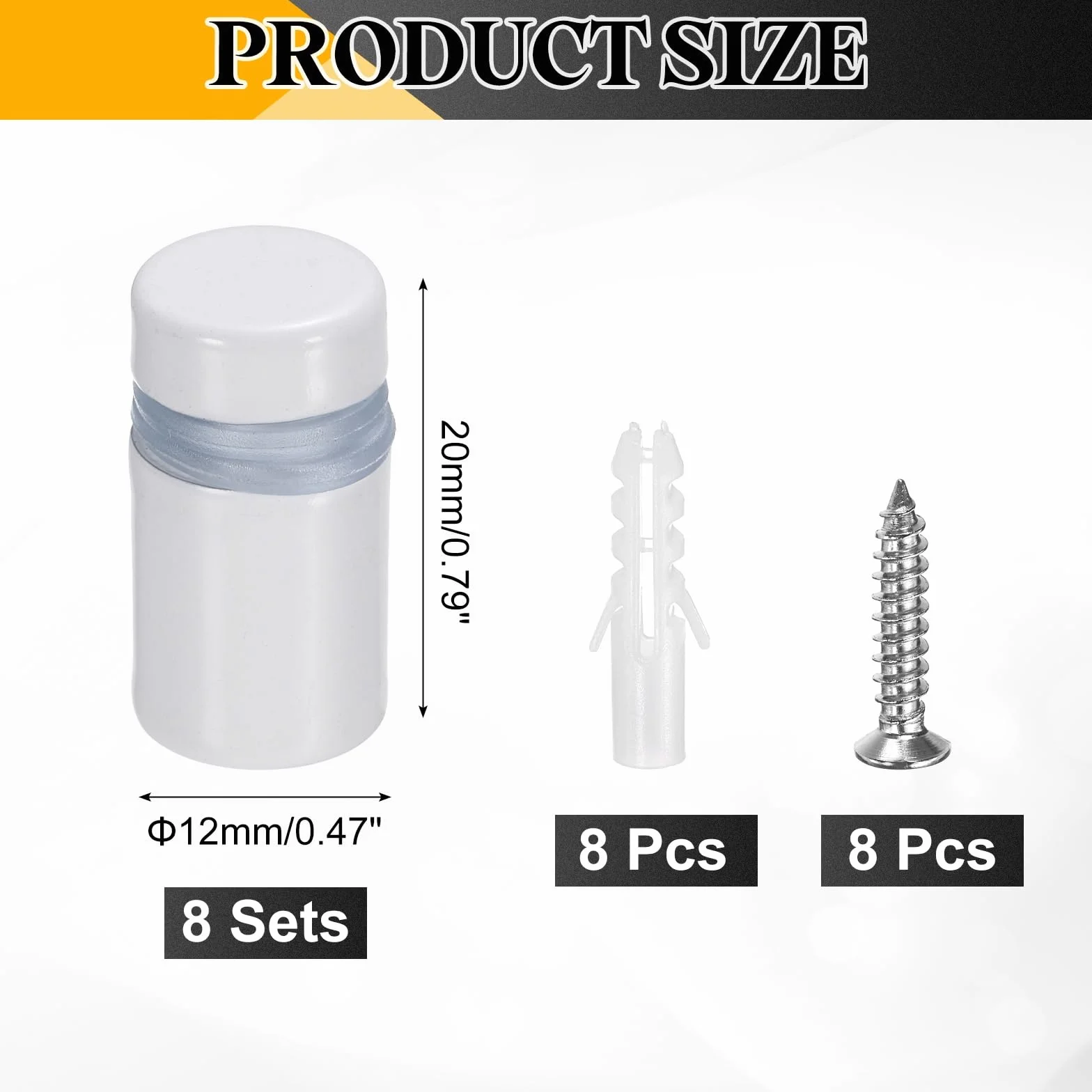 QUARKZMAN 8 sztuk wsporników dystansowych do ścian, 12 mm x 20 mm, ze stali nierdzewnej, ze śrubami i rurą rozprężną, do tabliczek wyświetlaczy - porcelana biała