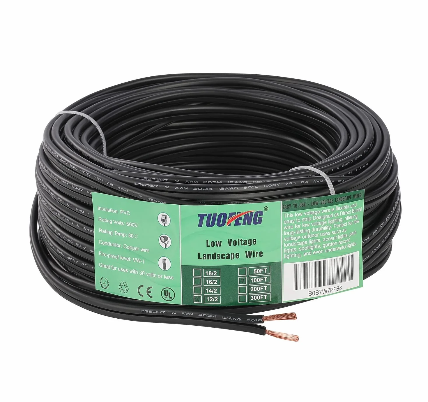 TUOFENG 14/2 niskonapięciowy przewód krajobrazowy do oświetlenia zewnętrznego kabel UL na liście 14 AWG 2-przewodowy 31 metrów (12/2-61-M)