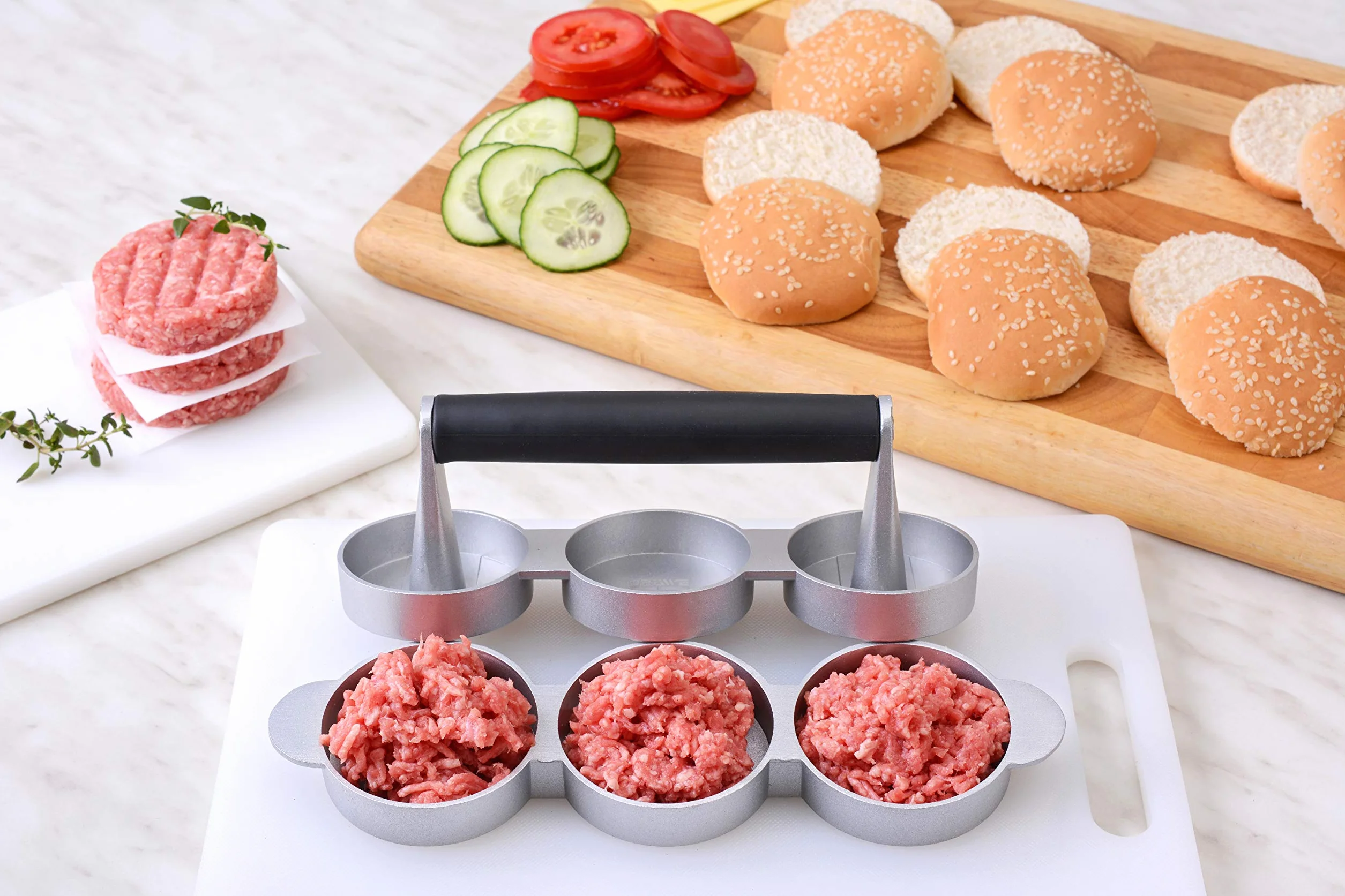 GRÄWE Prasa do hamburgerów 3 mini burgerów odlew aluminiowy powłoka nieprzywierająca 60 arkuszy papieru