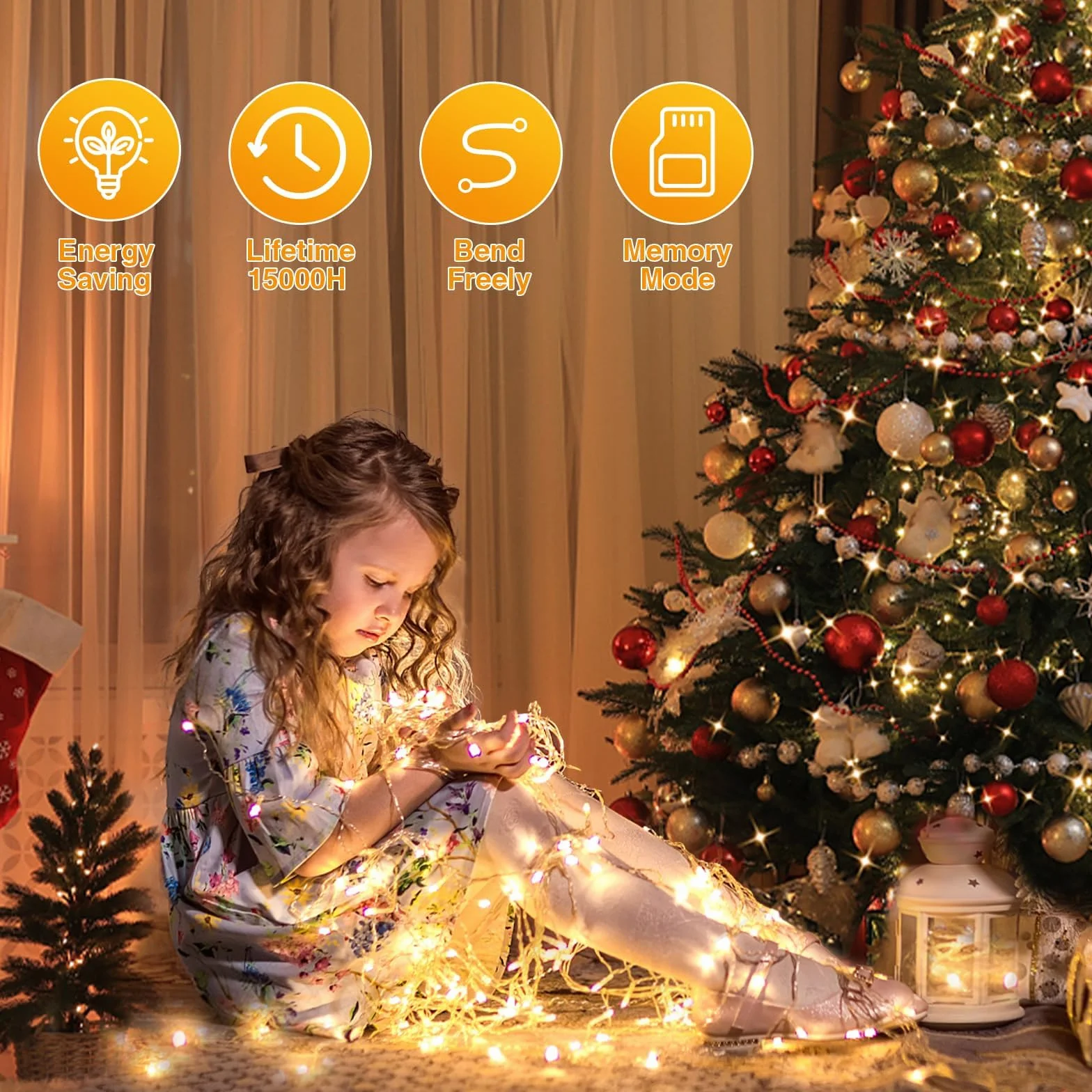 GlobaLink Oświetlenie bożonarodzeniowe 2000 LED, 50 m, łańcuch świetlny na zewnątrz, ciepła biel, wodoszczelność IP44, z 8 trybami pracy, do użytku wewnątrz i na Boże Narodzenie, balustrada, balkon