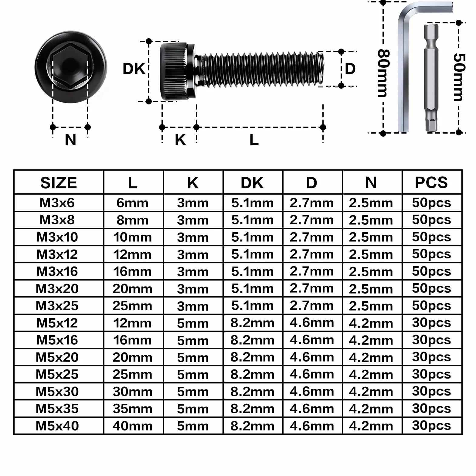 Śruby z łbem walcowym M3 x 20 mm ze stali nierdzewnej z gniazdem sześciokątnym, 50 szt. śrub z łbem cylindrycznym DIN 912/ISO 4762, śruba imbusowa, czarna, A2 V2A, śruby sześciokątne do