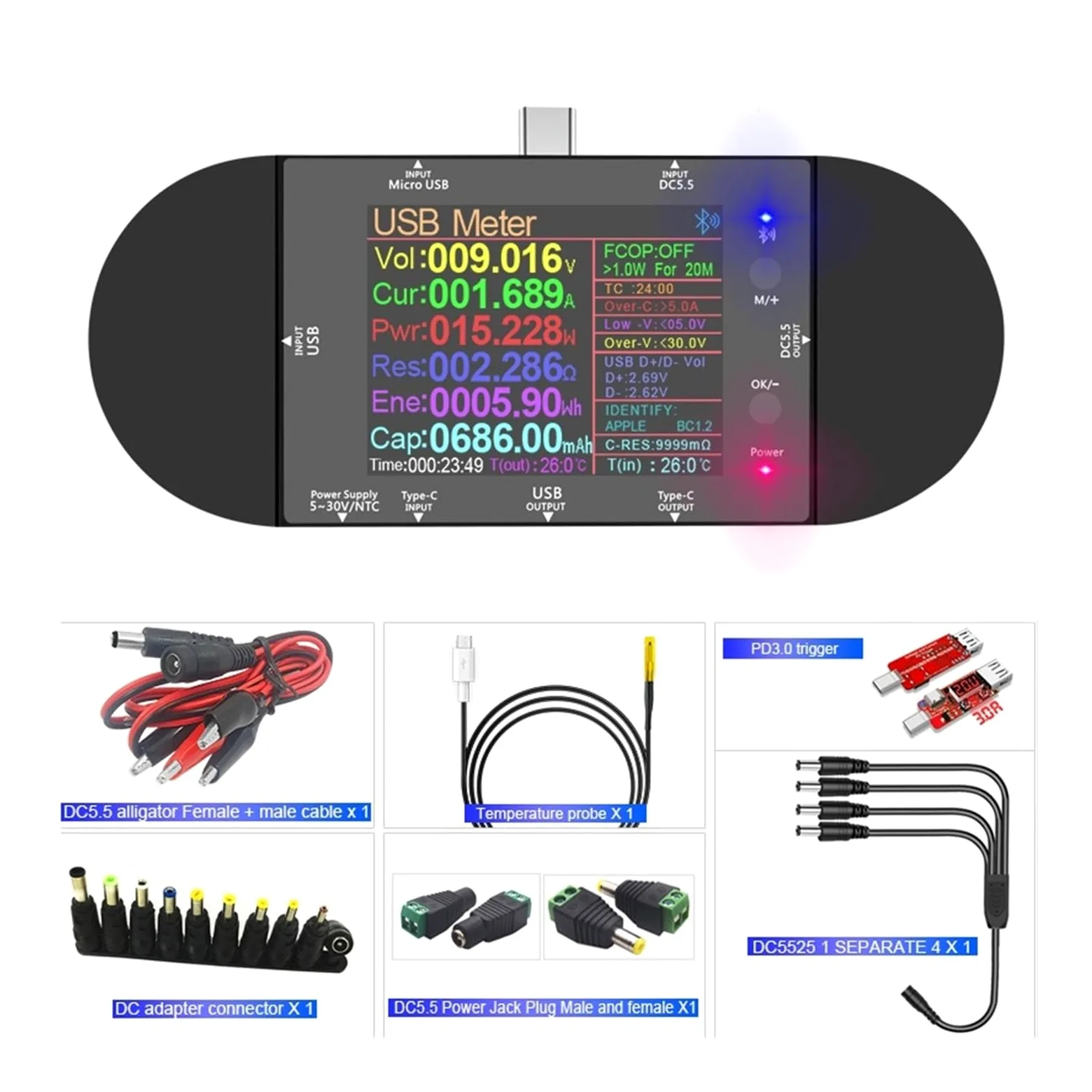 2.4 calowy Tester USB DC5.5 Type-C woltomierz cyfrowy amperomierz Power Bank detektor napięcia dla ładowarek kabel Power Bank Szerokie zastosowanie(UD24 add 18pcs)