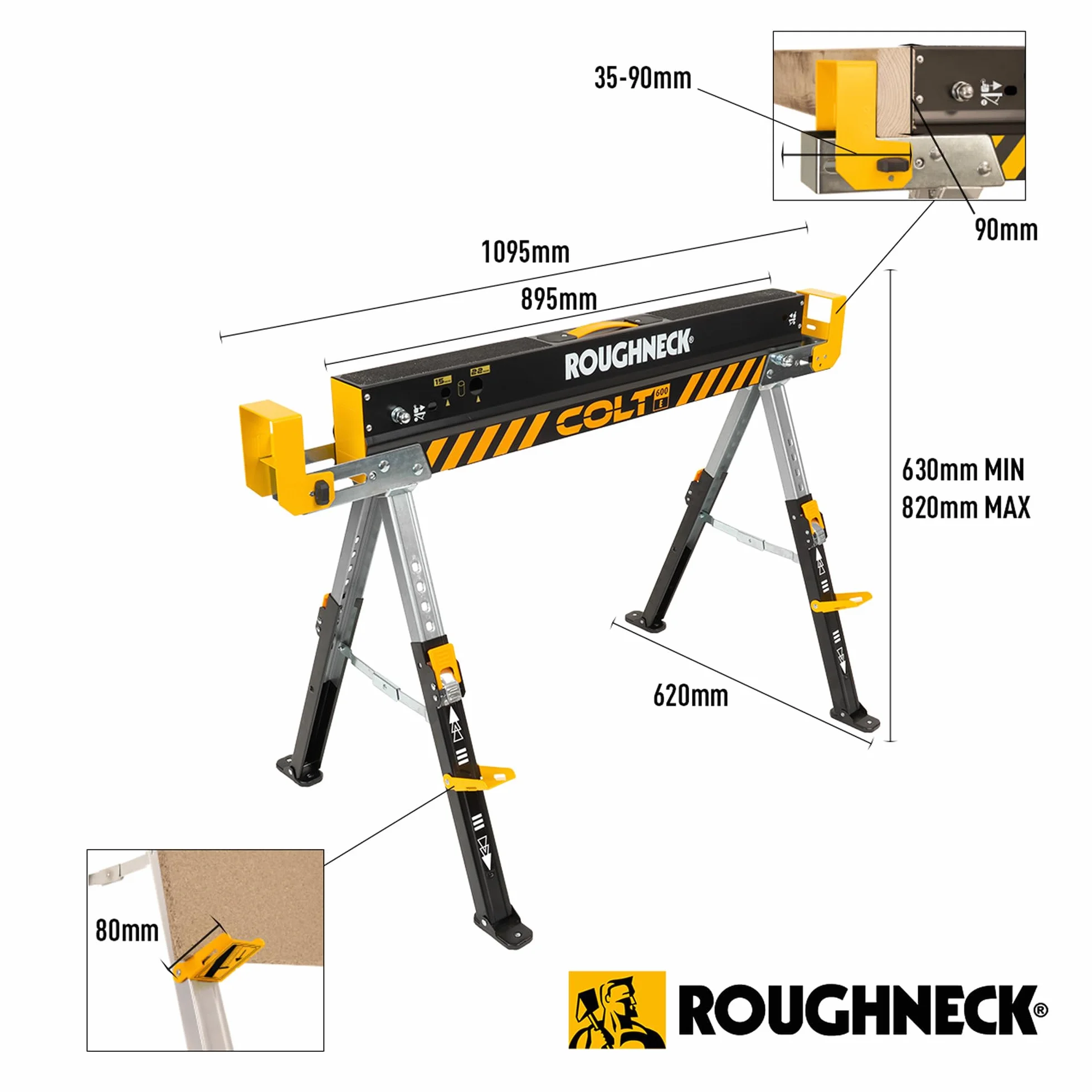 ROUGHNECK® Colt 600E Chevalet de sciage en acier très résistant Capacité de charge 589 kg avec pieds réglables en hauteur pour le travail du bois et la construction