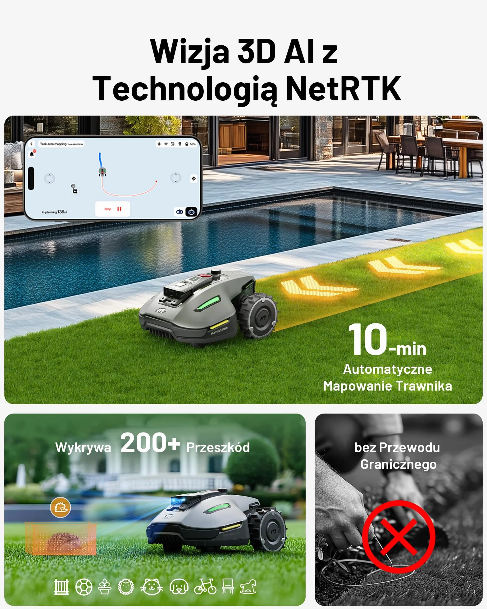 Robot koszący MAMMOTION YUKA mini 700,Zalecane 700 m², maks.1100 m², UltraSense AI Vision i RTK, nachylenie 45%, automatyczne mapowanie instalacji bezprzewodowej, zarządzanie wieloma strefami