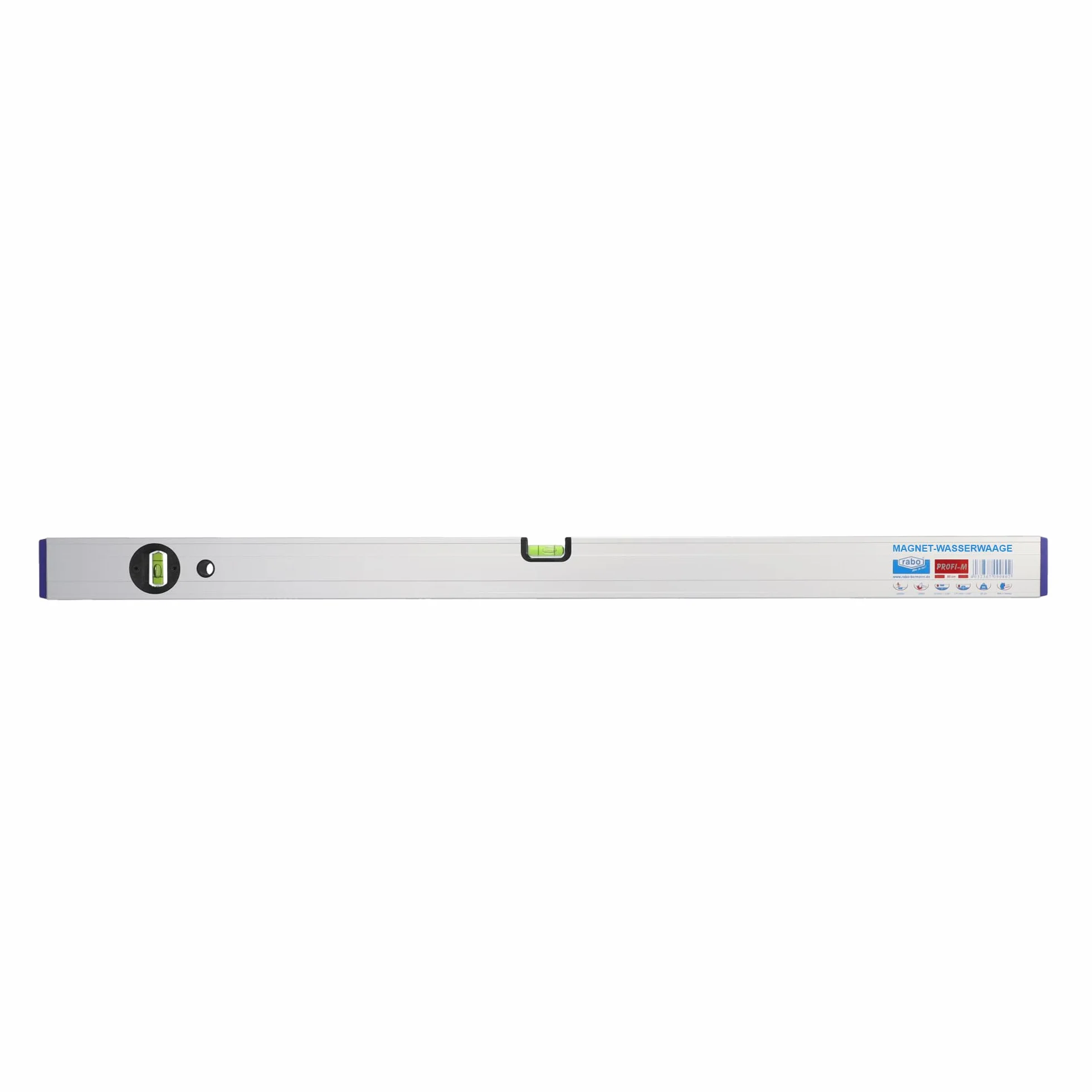 rabo Aluminiowa poziomica magnetyczna "Profi-M" regulowana, odporna na uderzenia, naturalna anodowana, dokładność pomiaru 0,5 mm/m, waga 630 g/m, długość 120 cm