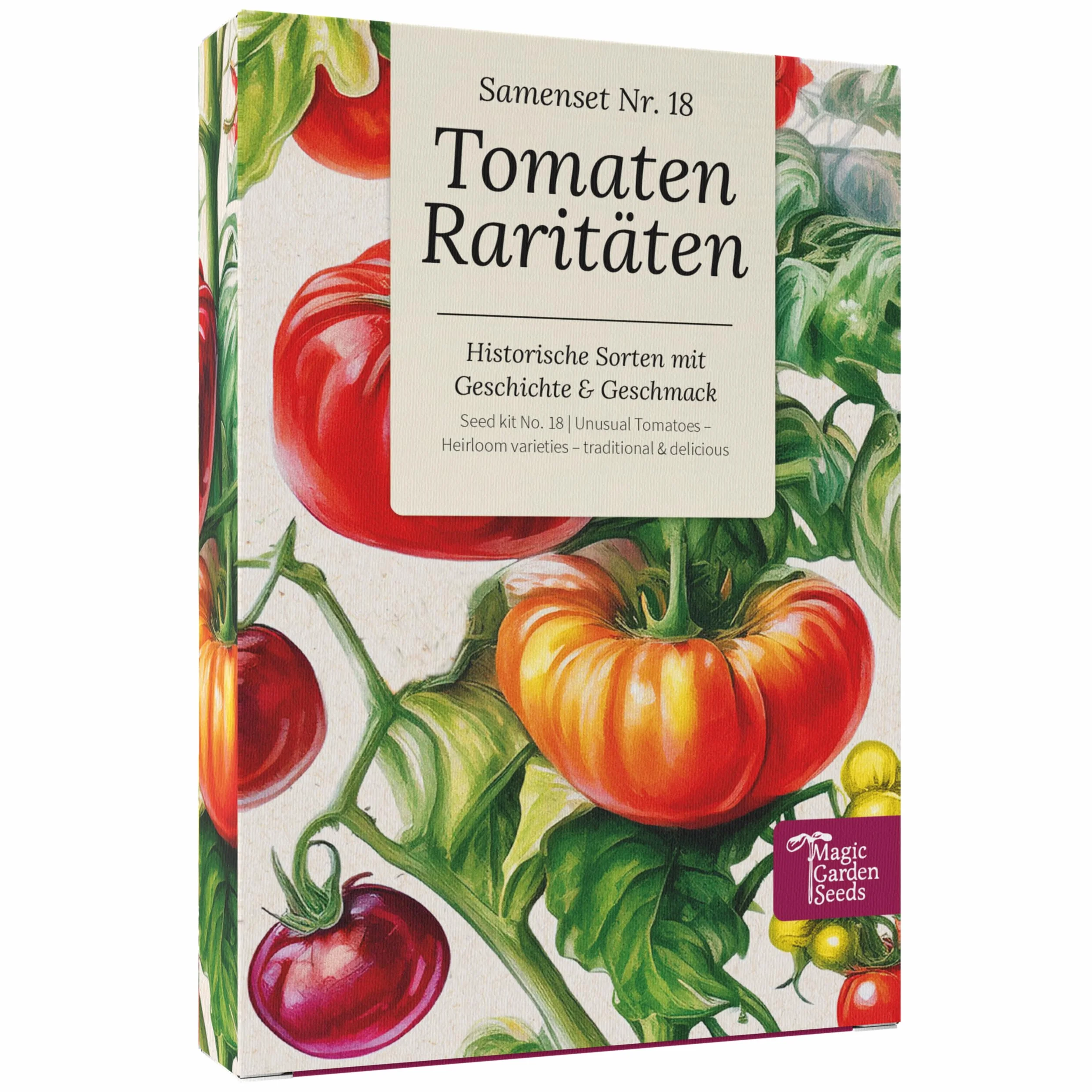 Magic Garden Seeds - Zestaw nasion rzadkich odmian pomidorów w pudełku z 9 historycznymi odmianami - kolorowe, aromatyczne i czyste w nasieniu pomidory do ogrodu, wysokiej grządki i doniczki - z