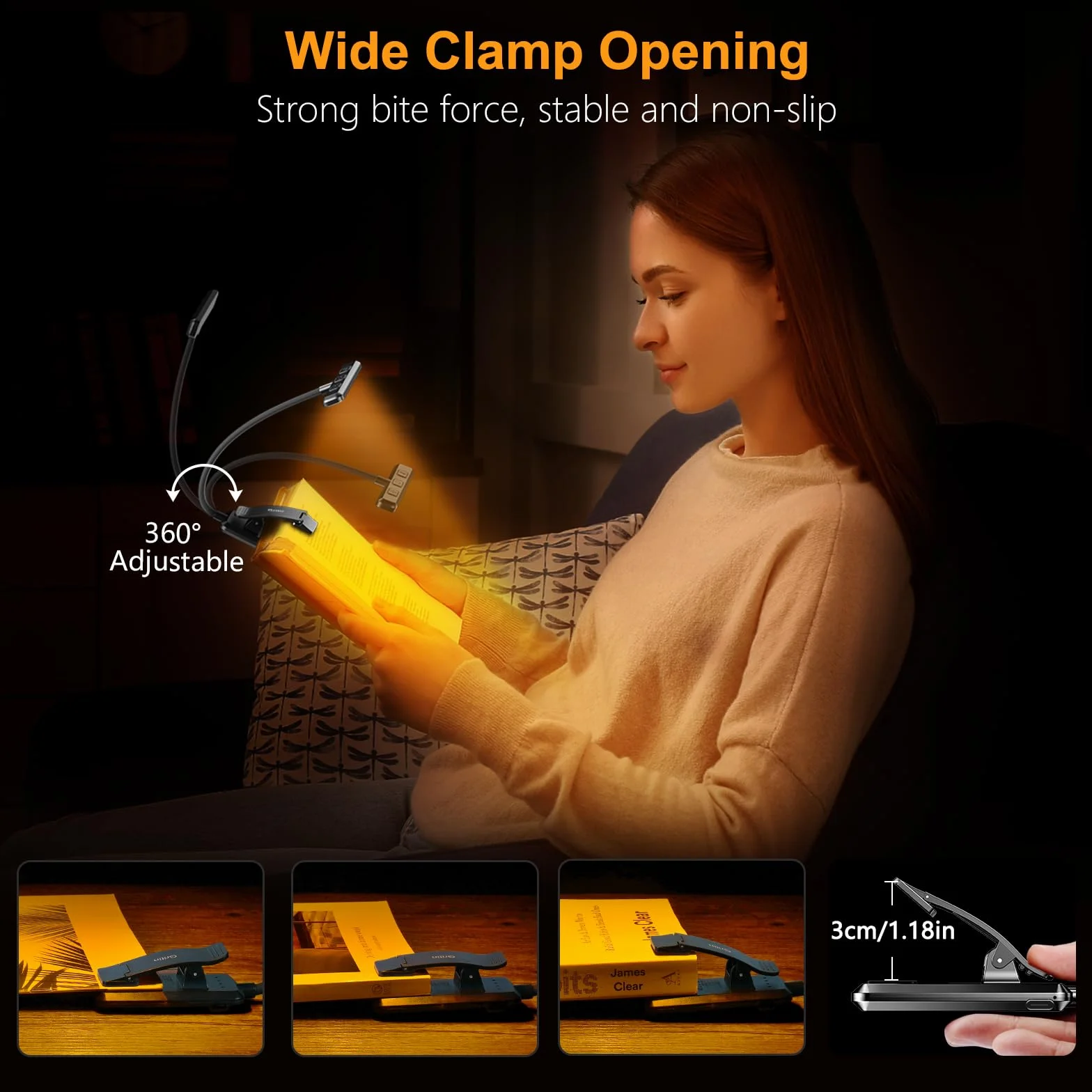 Gritin Lampka do Czytania 19 LED, Ładowana Przez USB, 3 Tryby Temperatury Barwowej, Długa żywotność baterii, Płynna Regulacja Jasności, Elastyczna Lampka Zaciskowa 360° do Czytania w Łóżku
