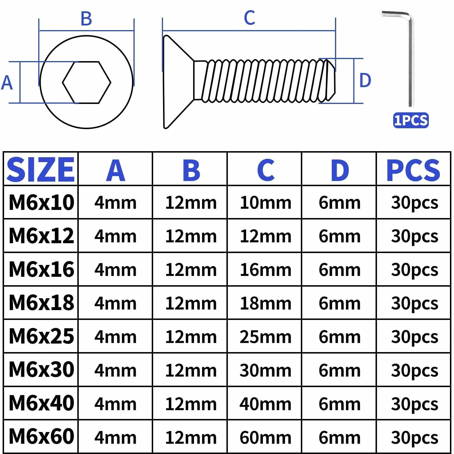 30 sztuk śrub z łbem wpuszczanym M6 X 60 mm, czarne, stal nierdzewna, A2 V2A, śruby z łbem wpuszczanym, śruby z łbem stożkowym, DIN 7991, śruby z gwintem sześciokątnym, do naprawy mebli maszyn