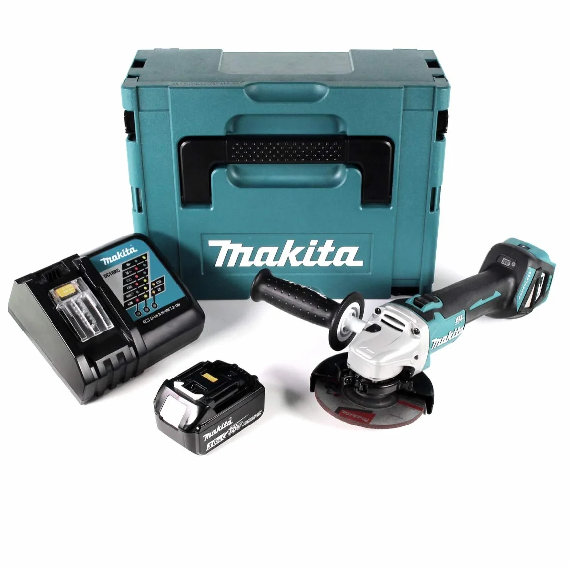 Makita DGA 511 RF1J akumulatorowa szlifierka kątowa 18 V 125 mm bezszczotkowa + 1 x akumulator 3,0 Ah + ładowarka + Makpac