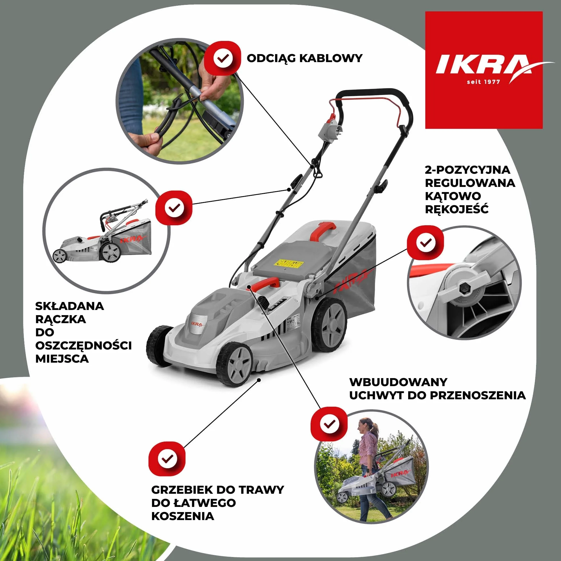 IKRA kosiarka elektryczna IERM 1638 1600W 38cm wysokość koszenia 30-75mm