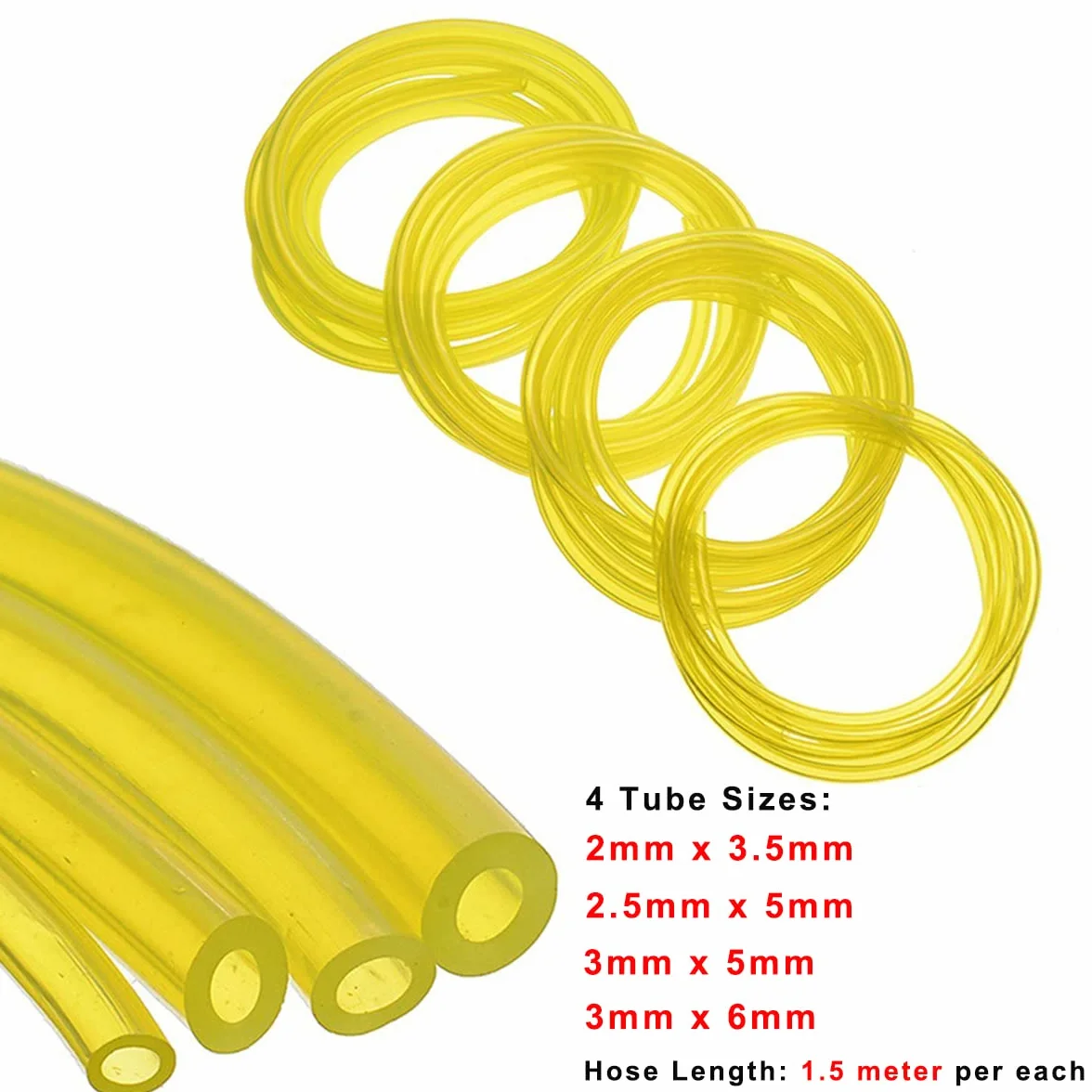 Zestaw 4 węży paliwowych PVC Długość 1,5 m Wymiary (średnica wewnętrzna x średnica zewnętrzna) 2,5 x 5 mm, 3 x 5 mm, 2 x 3,5 mm, 3 x 6 mm