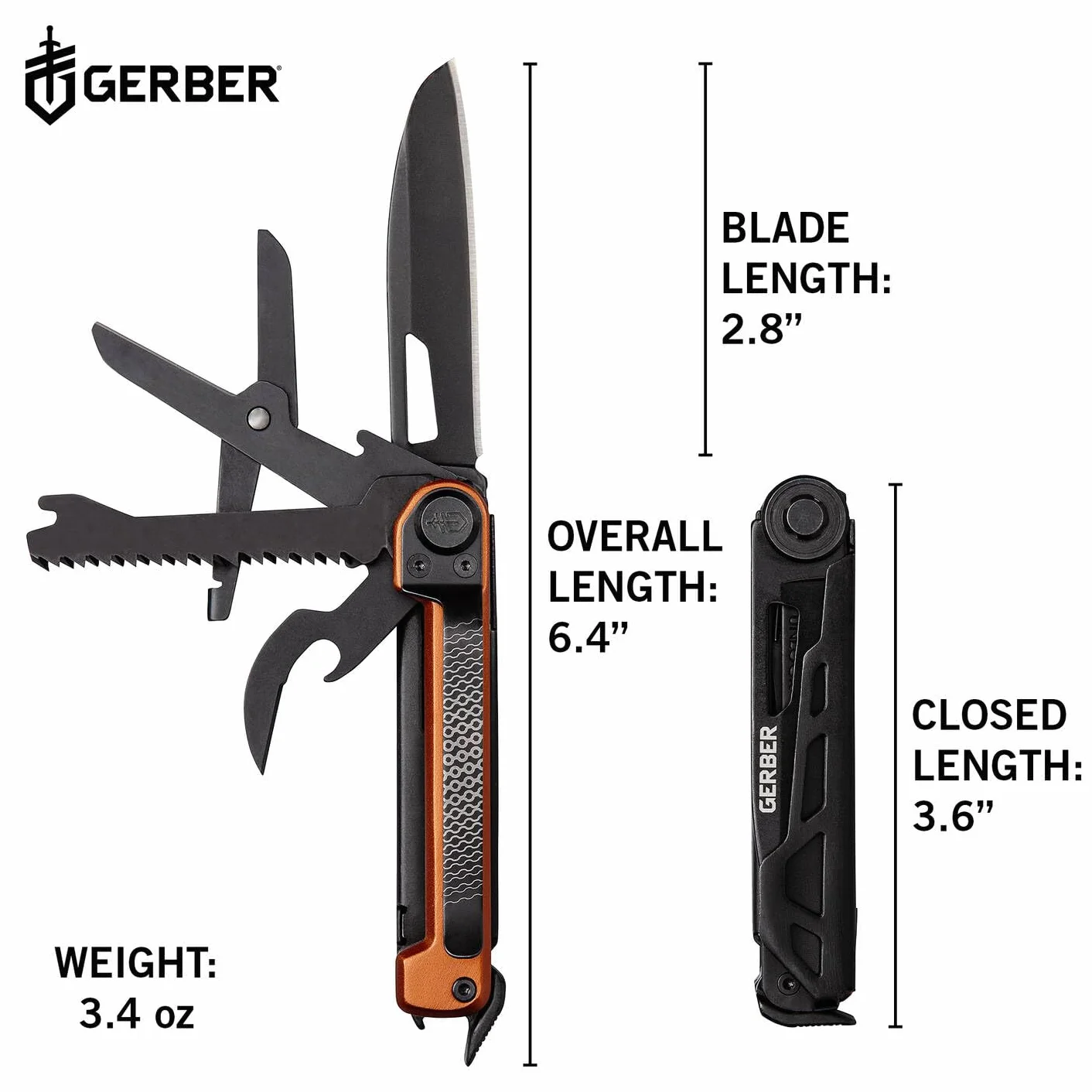 Gerber Scyzoryk z 7 funkcjami, narzędzie wielofunkcyjne z gładkim ostrzem, z nożyczkami i piłą, ArmBar Scout, czarny/pomarańczowy, stal nierdzewna/aluminium, 1064396