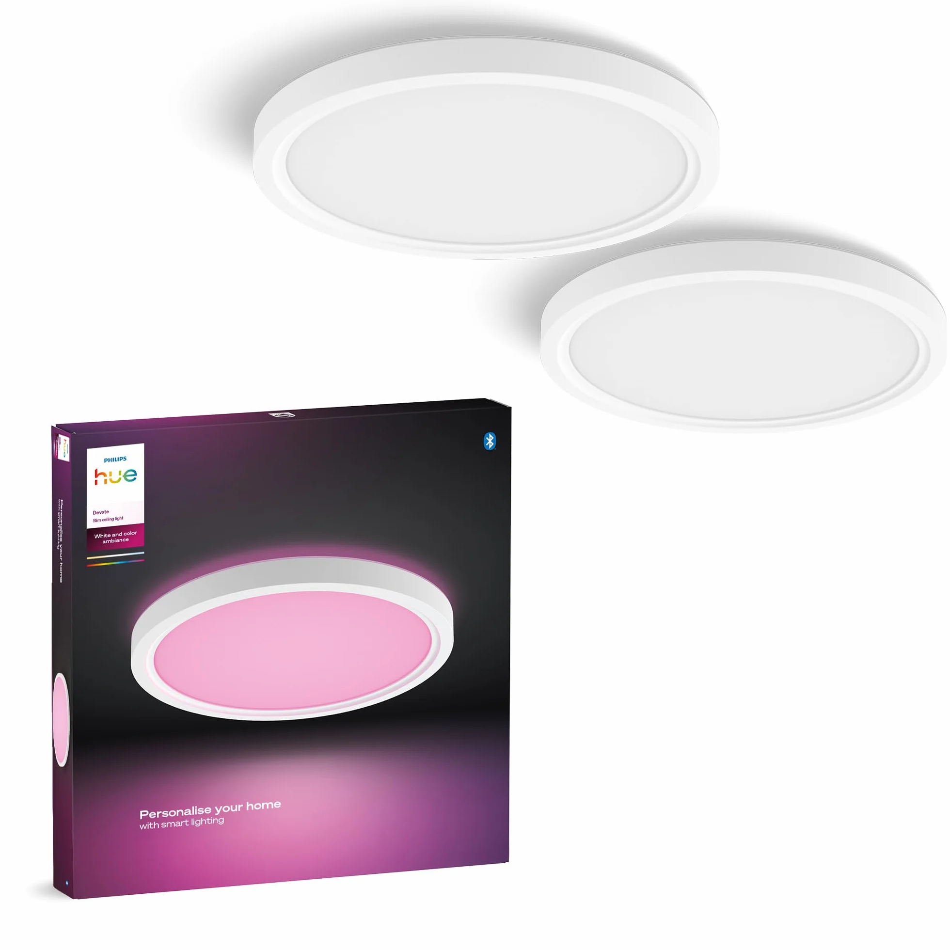 Philips Hue Devote inteligentny panel LED, Białe i Kolorowe Światło (Ambiance), Okrągły 30 cm, Biała Ramka do Wewnętrznego Oświetlenia Domu, Sufitu, Salonu, Kuchni, Przedpokoju, Zestaw 2 szt.