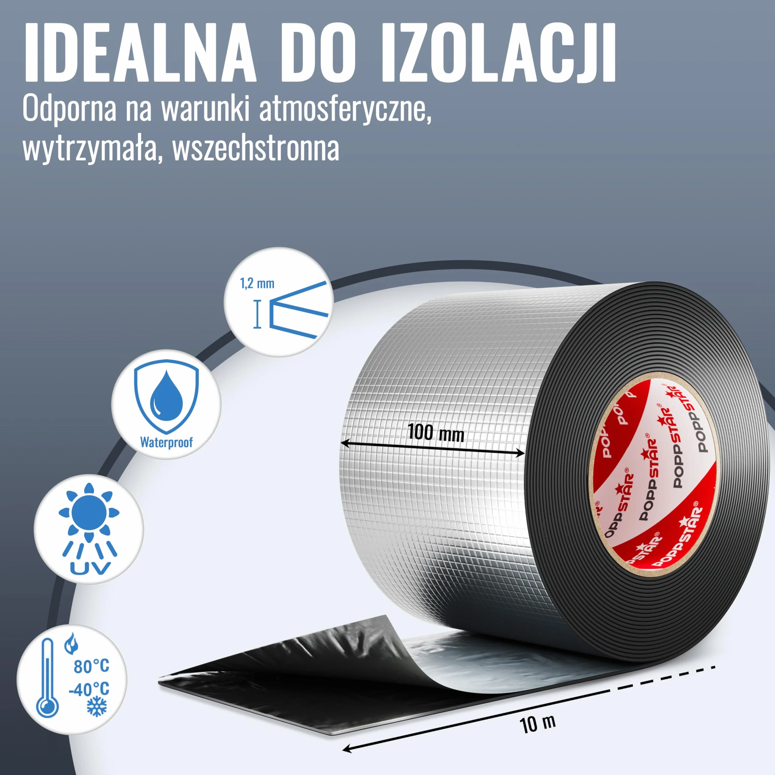 Poppstar butylowa taśma aluminiowa (10m x 100mm x 1,2mm), bardzo wodoszczelna naprawcza taśma klejąca do stosowania na zewnątrz