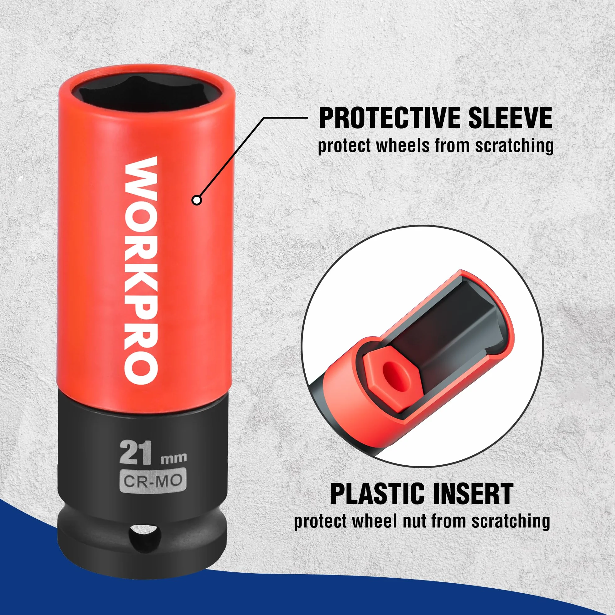 WORKPRO Zestaw nasadek udarowych 1/5.1 cm, 3 szt. cienkościennych nasadek nasadowych, metryczne ochronne gniazdo nakrętki koła 17 mm, 19 mm, 21 mm, z pudełkiem do przechowywania, stalowe gniazda Cr-Mo