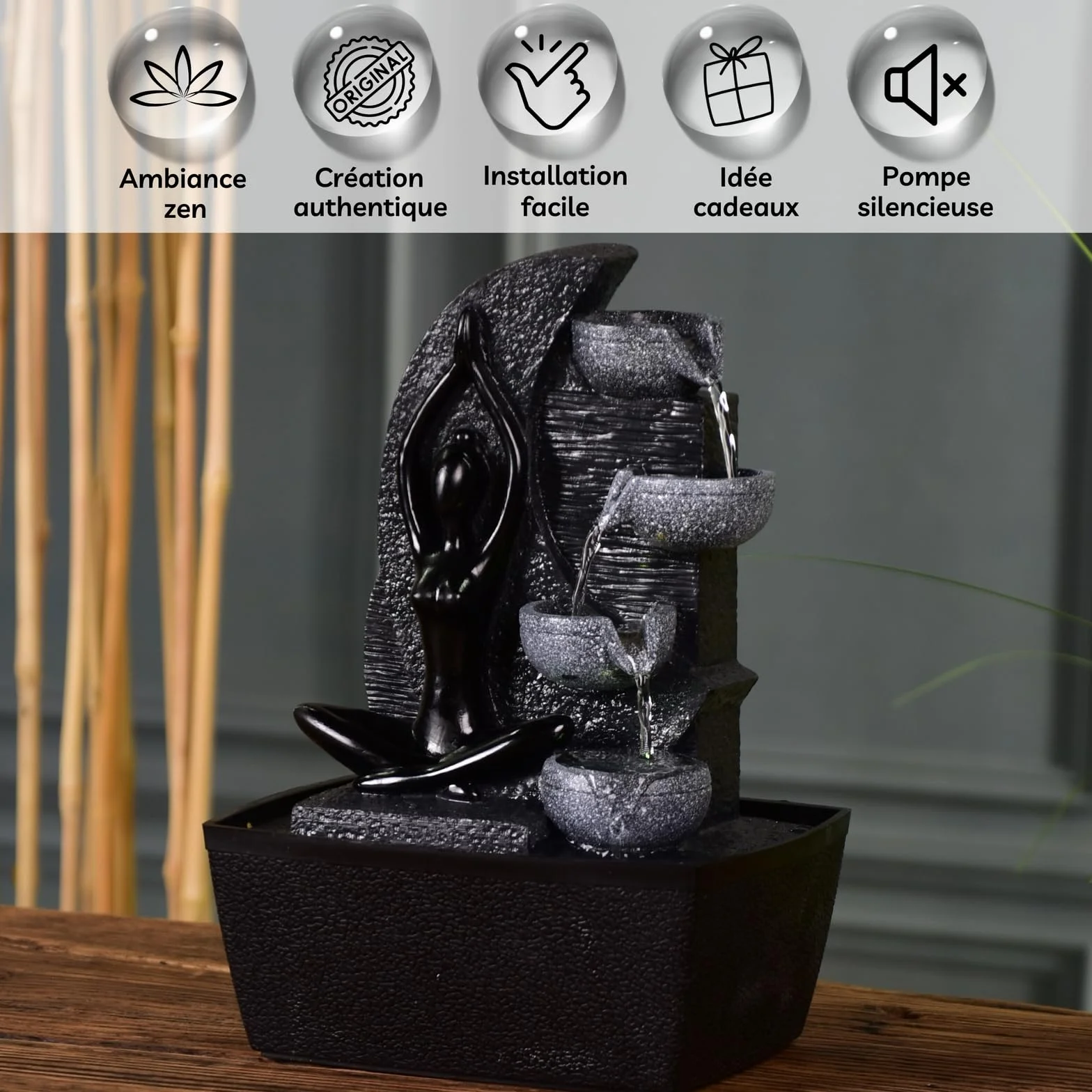 Yama Zen'Light fontanna wewnętrzna wodospad 4 poziomy ściana wodna LED wys. 25cm dekoracja Zen