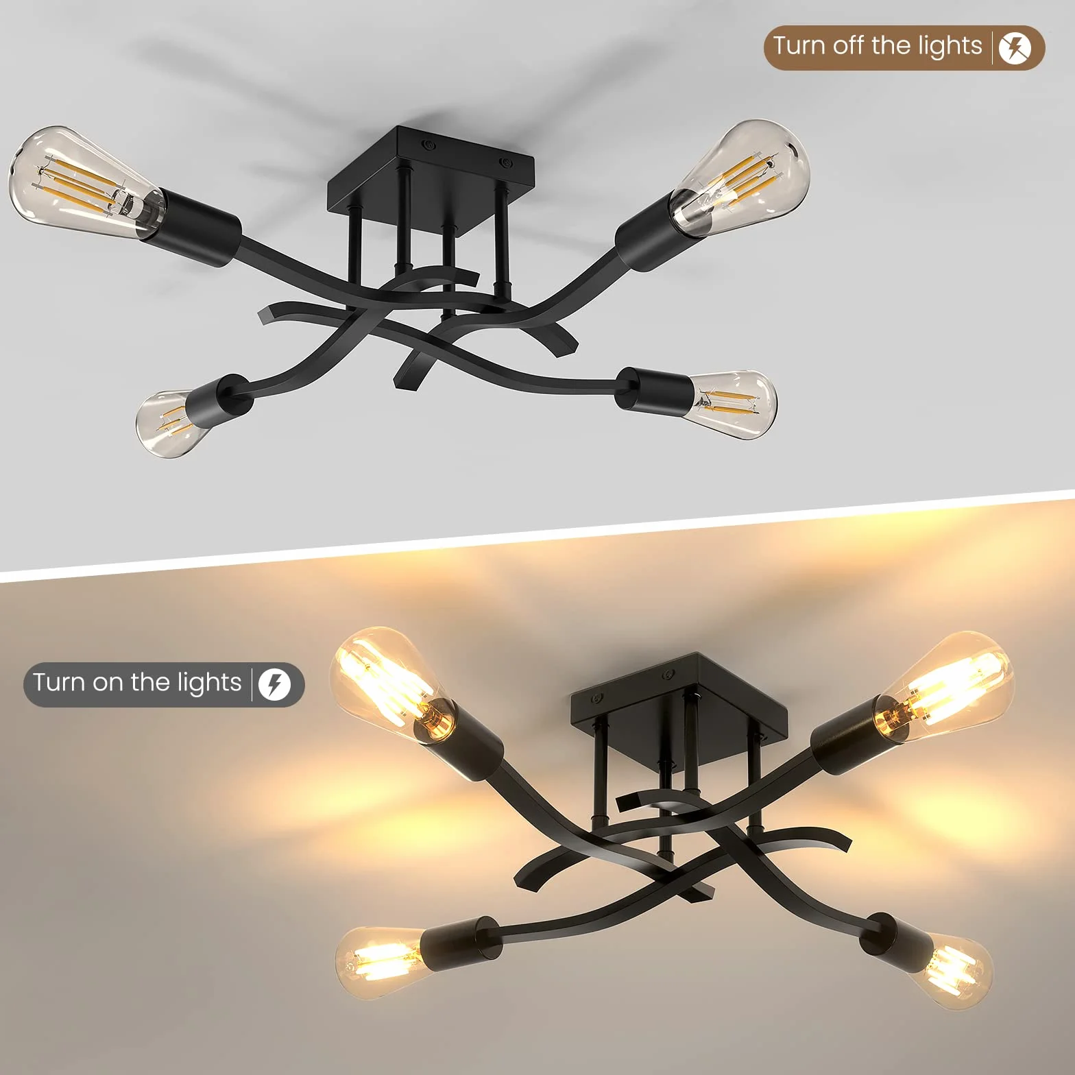 OTREN Lampa sufitowa w stylu vintage, retro lampa sufitowa, 4 płomienie czarny metalowy żyrandol przemysłowy do salonu kuchni sypialni, czarny, E27