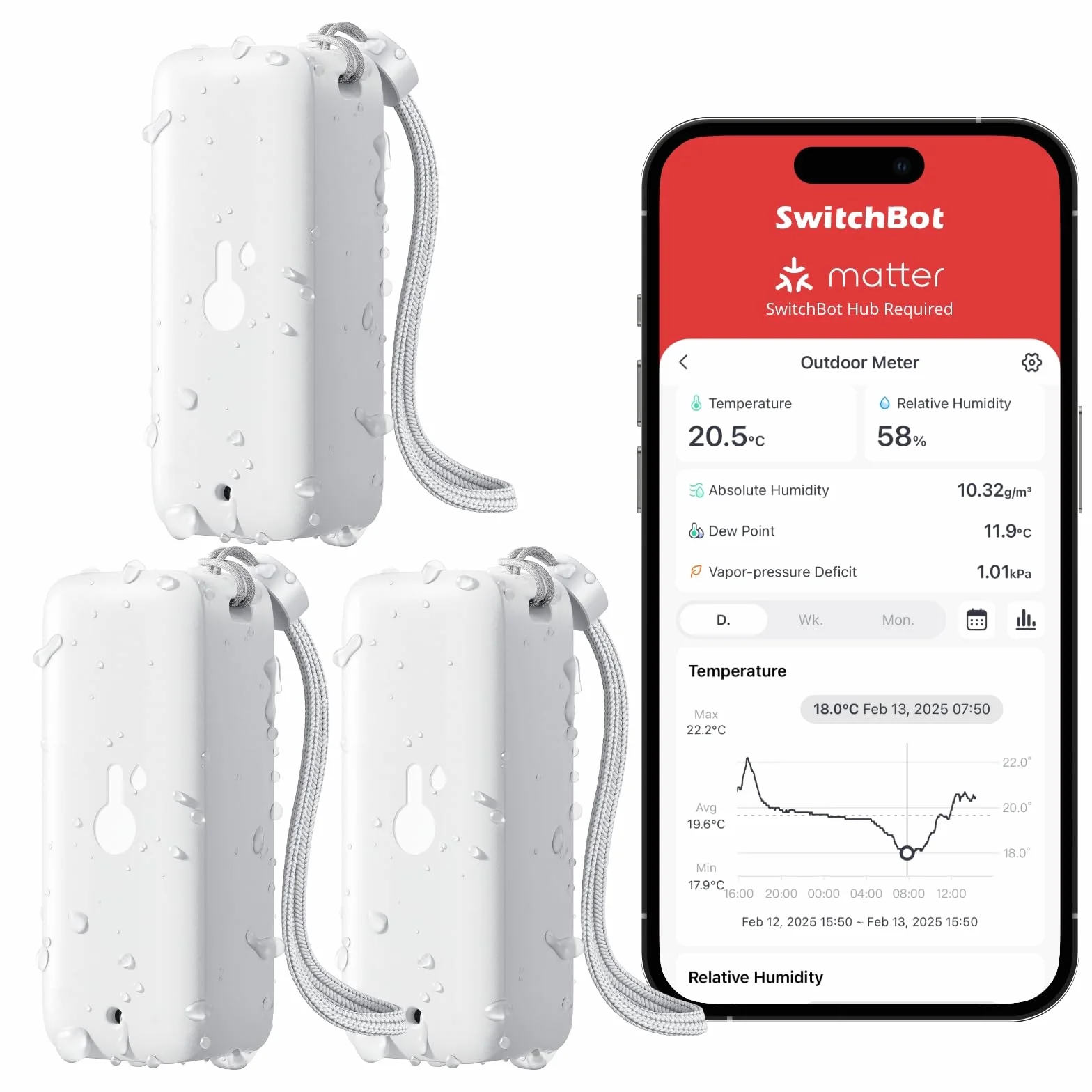 SwitchBot IP65 termometr z higrometrem do użytku wewnątrz i na zewnątrz, Bluetooth z czujnikiem temperatury rosy / VPD/absolutny czujnik wilgotności, termometr zewnętrzny, przechowywanie danych do