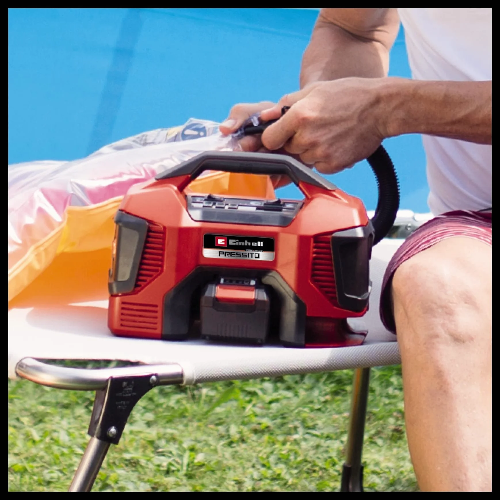 Einhell Kompresor akumulatorowy PRESSITO 18/21 Power X-Change (Li-Ion, 18 V, pompa wysokiego i niskiego ciśnienia, cyfrowy wyświetlacz, funkcja automatycznego wyłączania, bez akumulatora i ładowarki)