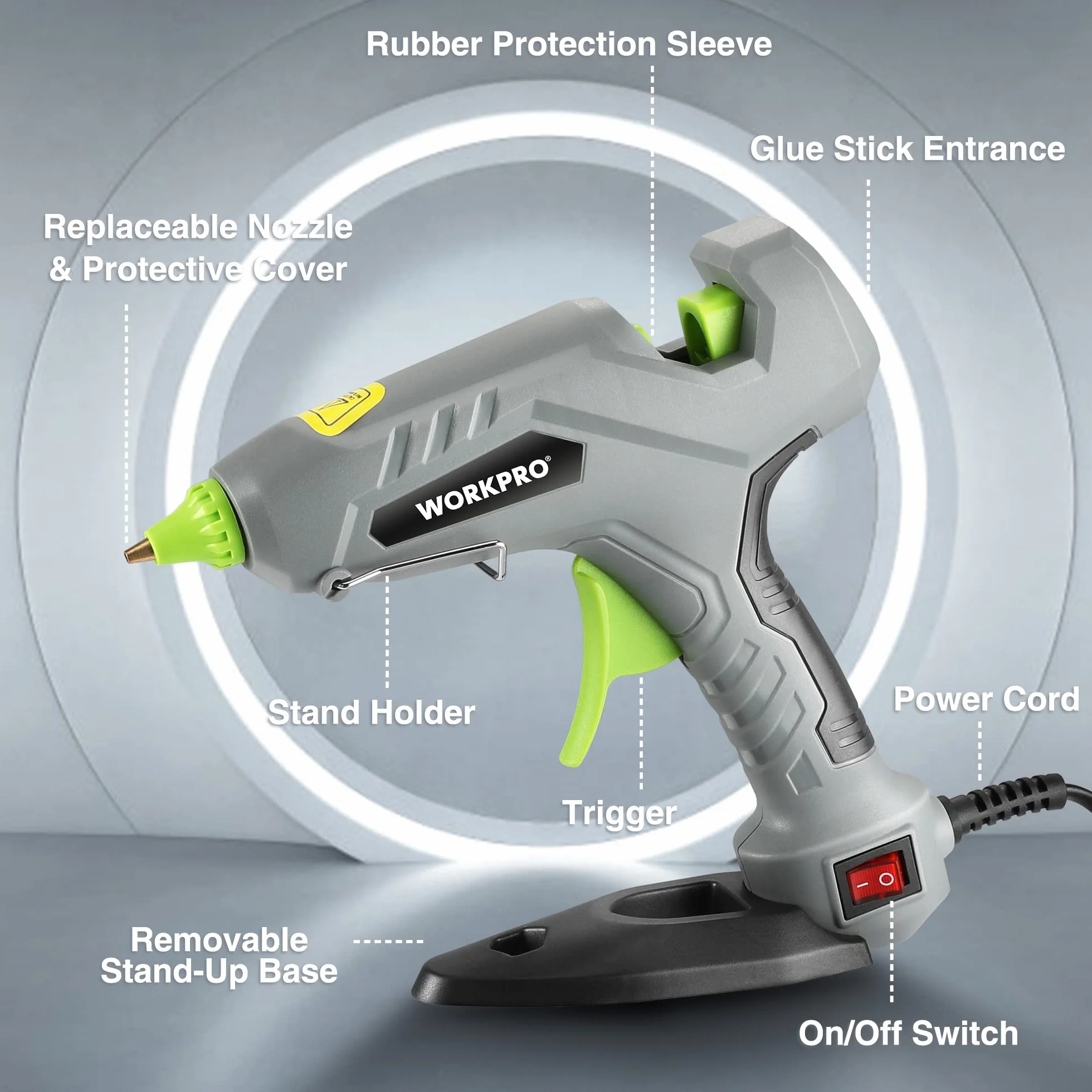 WORKPRO Pistolet do klejenia na gorąco 60 W z 20 sztyftami klejowymi 11 x 100 mm, elektryczny pistolet do szybkiego nagrzewania, do naprawy, sztuki i majsterkowania, zielono-szaro-czarny