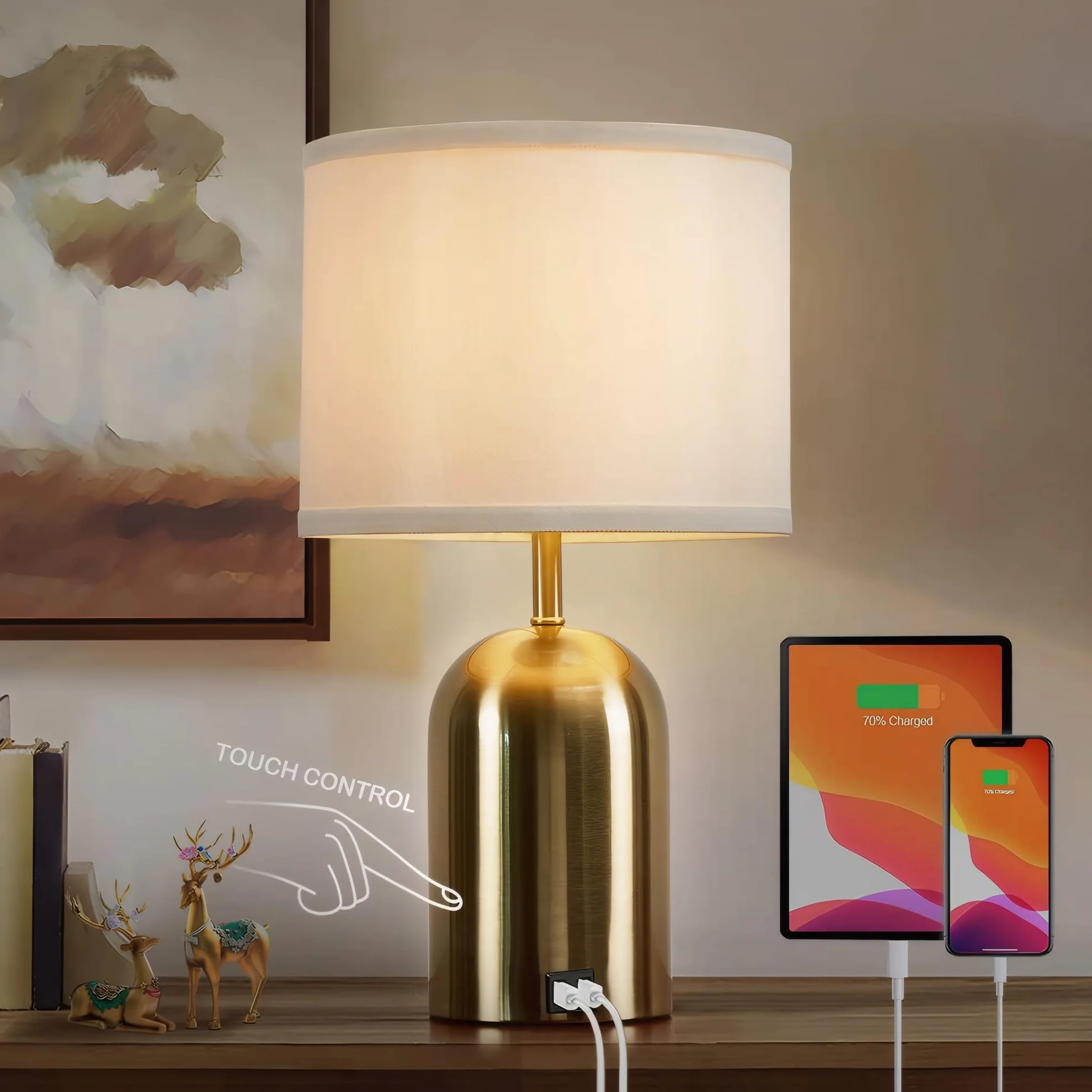 GyroVu Lampka nocna z portem USB, sterowanie dotykowe lampa stołowa do sypialni, ściemniana nowoczesna lampa nocna z kloszem z tkaniny, złota podstawa do salonu, akademika, domowego biura, żarówka LED