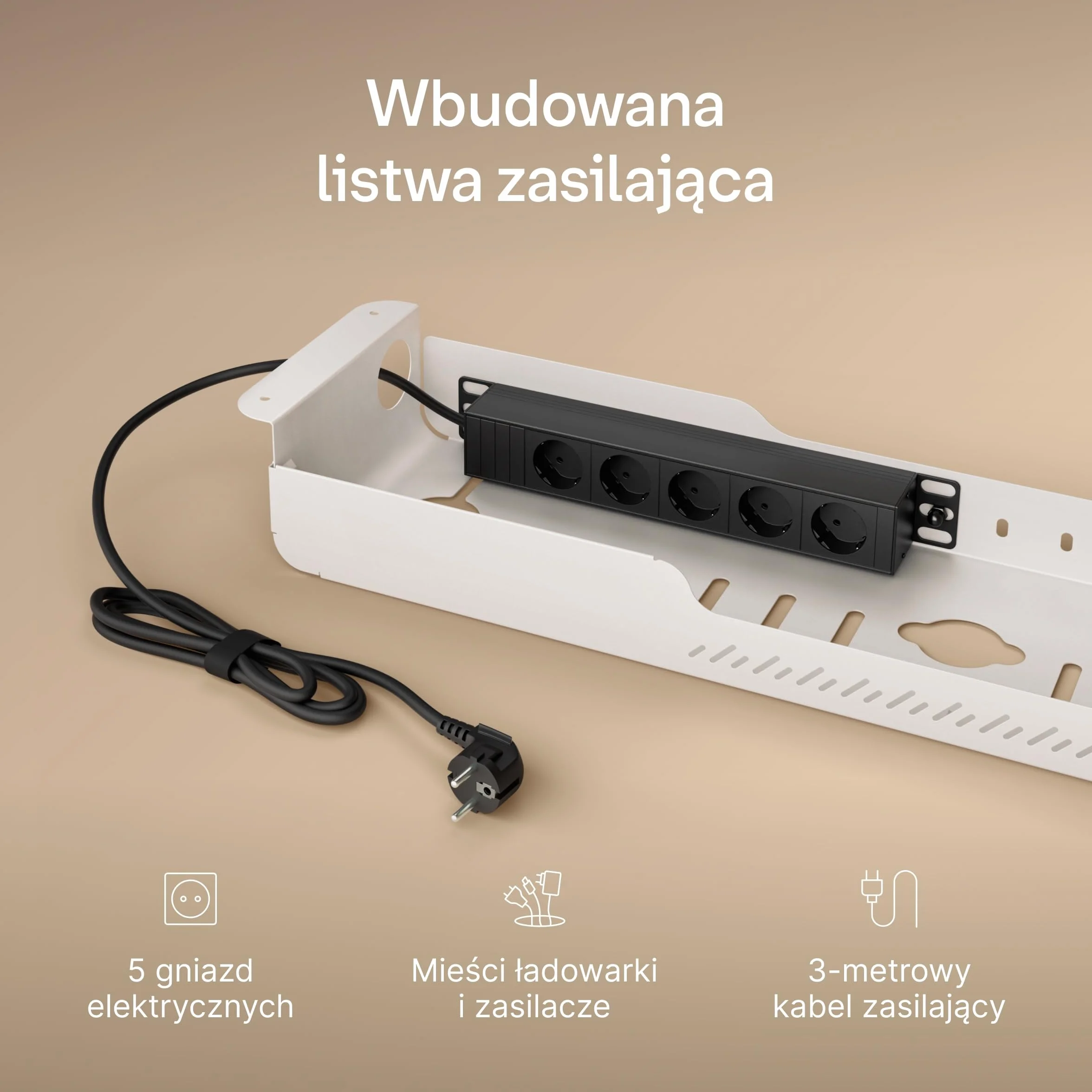 Cable Management Pro – Organizer kabli pod biurko z wbudowaną listwą zasilającą, stalowa tacka na kable z magnetyczną osłoną, wentylowana konstrukcja, łatwy montaż