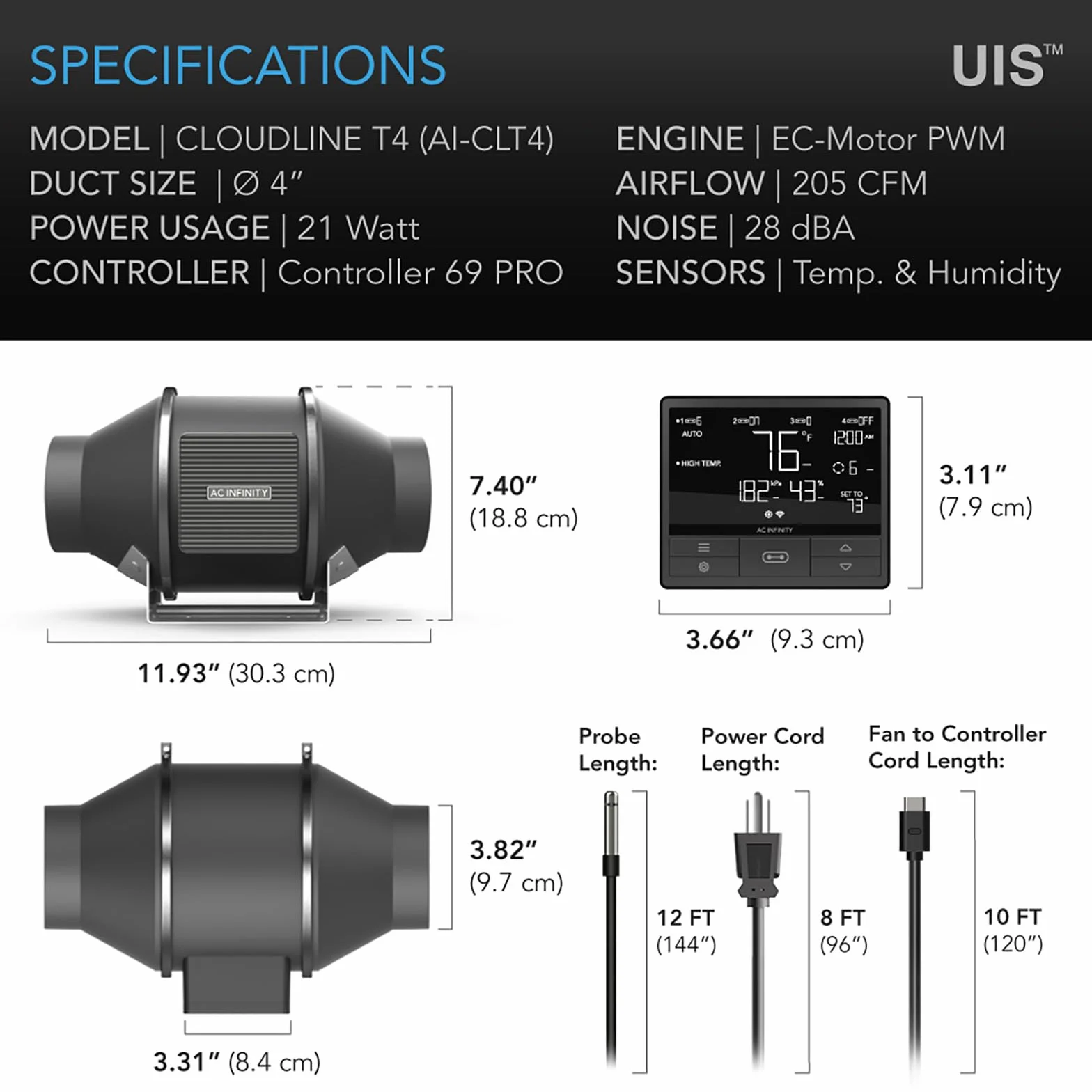 AC Infinity CLOUDLINE PRO T4, cichy wentylator kanałowy rzędowy 100 mm z kontrolerem VPD, zintegrowana aplikacja WiFi, wentylator wyciągowy do ogrzewania, chłodzenia, do uprawy namiotu, hydroponiczny