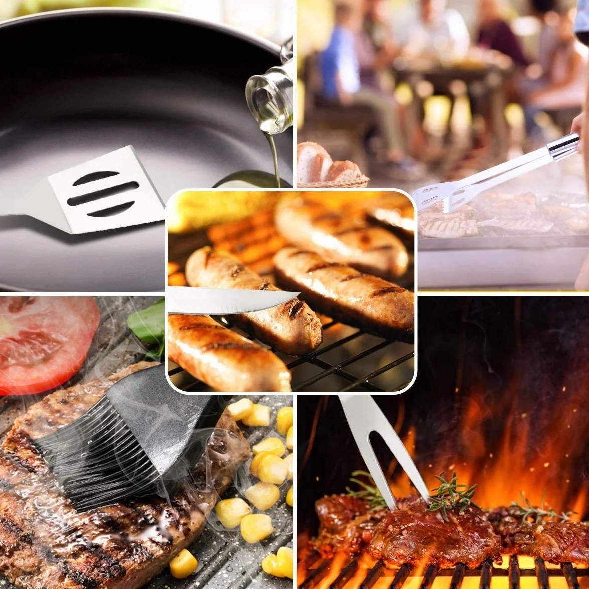 Zestaw do grillowania 9 elementów: sztućce i rękawice do 800°C (czarne), stal nierdzewna, akcesoria z oczkami do zawieszania, idealny do grilla i piekarnika