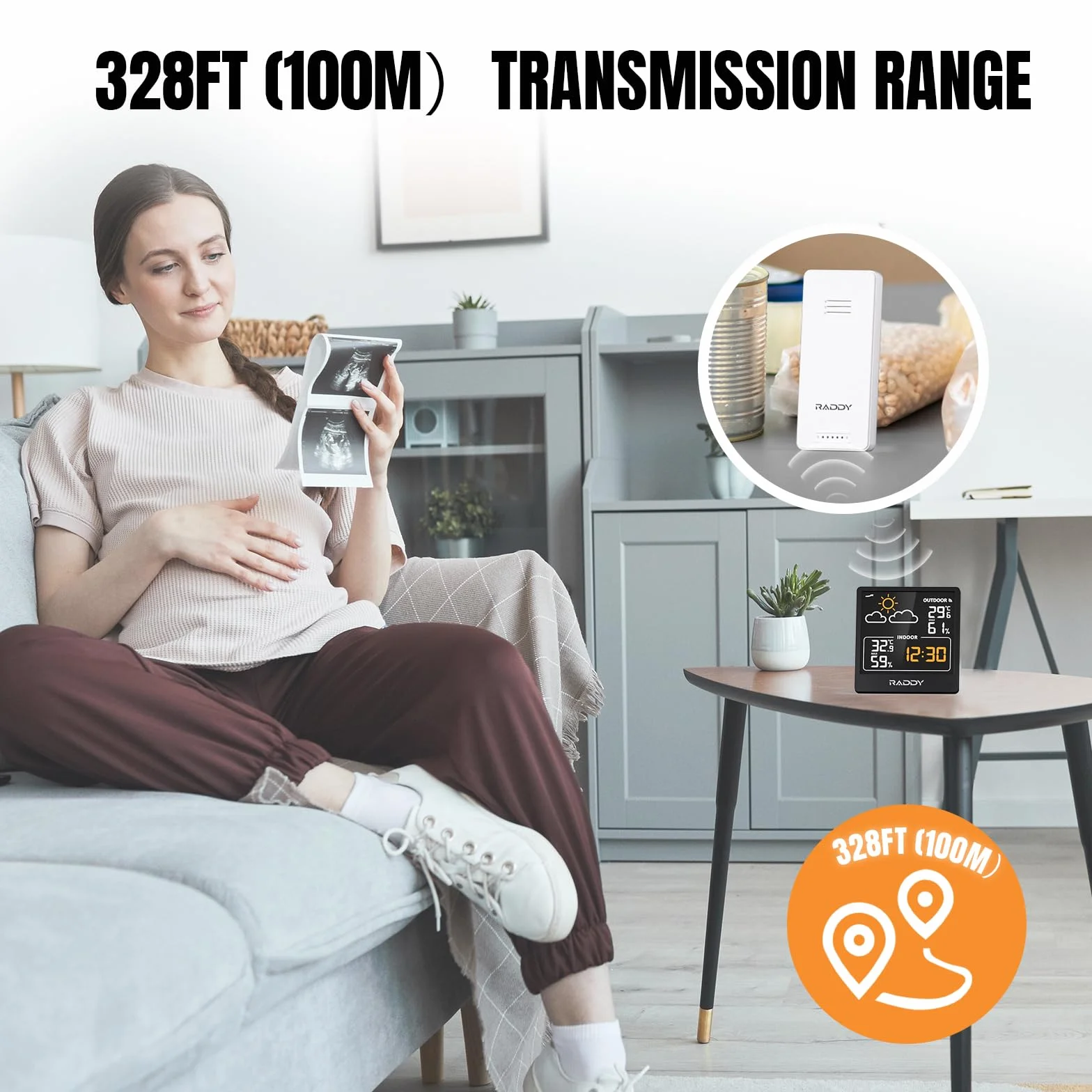 Raddy WF-50V bezprzewodowa stacja pogodowa z czujnikiem zdalnym, termometr wewnętrzny/zewnętrzny, VA 5,0" wyświetlacz USB-C, czarny