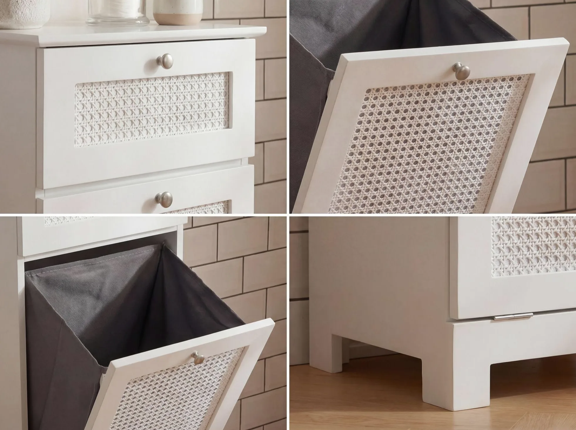FineBuy Szafka na pranie Biała 38x90x40 cm Rattan Plecionka Szafka wnękowa Łazienka - Wąski kosz na pranie z drzwiami uchylnymi i szufladą - Szafka łazienkowa Pojemnik na pranie