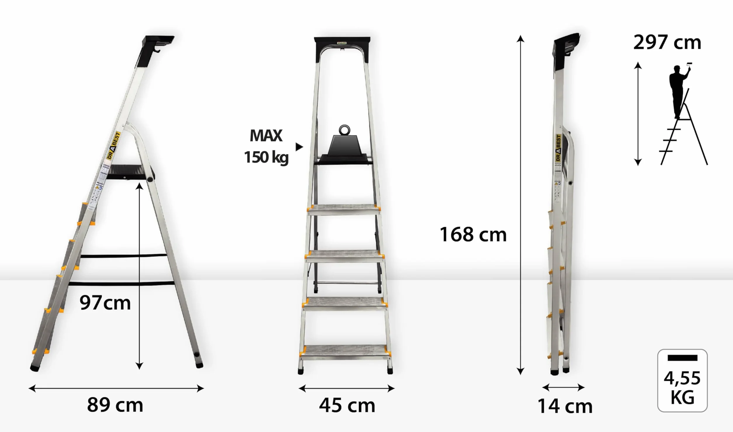 Drabest SERIA PRO Drabina Aluminiowa 5-Stopniowa Drabina Domowa 150 KG - Drabina Aluminiowa Z Antypoślizgowymi Stopkami I Platformą Drabiny Roboczej - Drabiny Wielofunkcyjne - 45 X 168 X 12 Cm