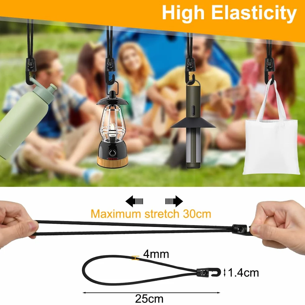 18 szt. sznurków bungee z haczykami, 25 cm, czarne, gumowe napinacze z haczykami, do lin kempingowych, plandeki, namiotów, markiz (czarne)