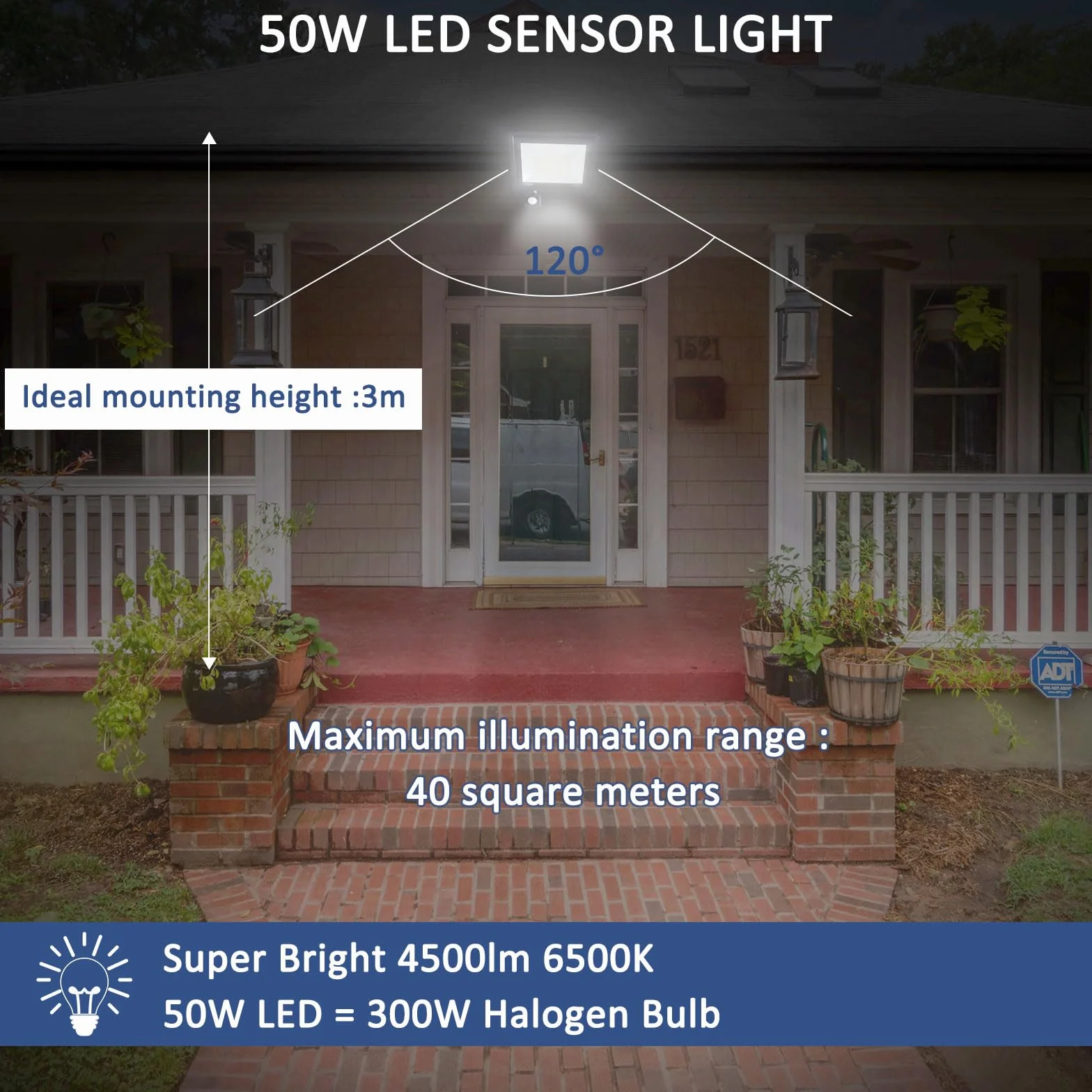 Caldarax Zewnętrzny reflektor LED z czujnikiem ruchu 50 W, 4500 lm, zimna biel, 6500 K, zewnętrzny reflektor LED z czujnikiem, wodoszczelność IP66, oświetlenie bezpieczeństwa do garażu, ogrodu, na