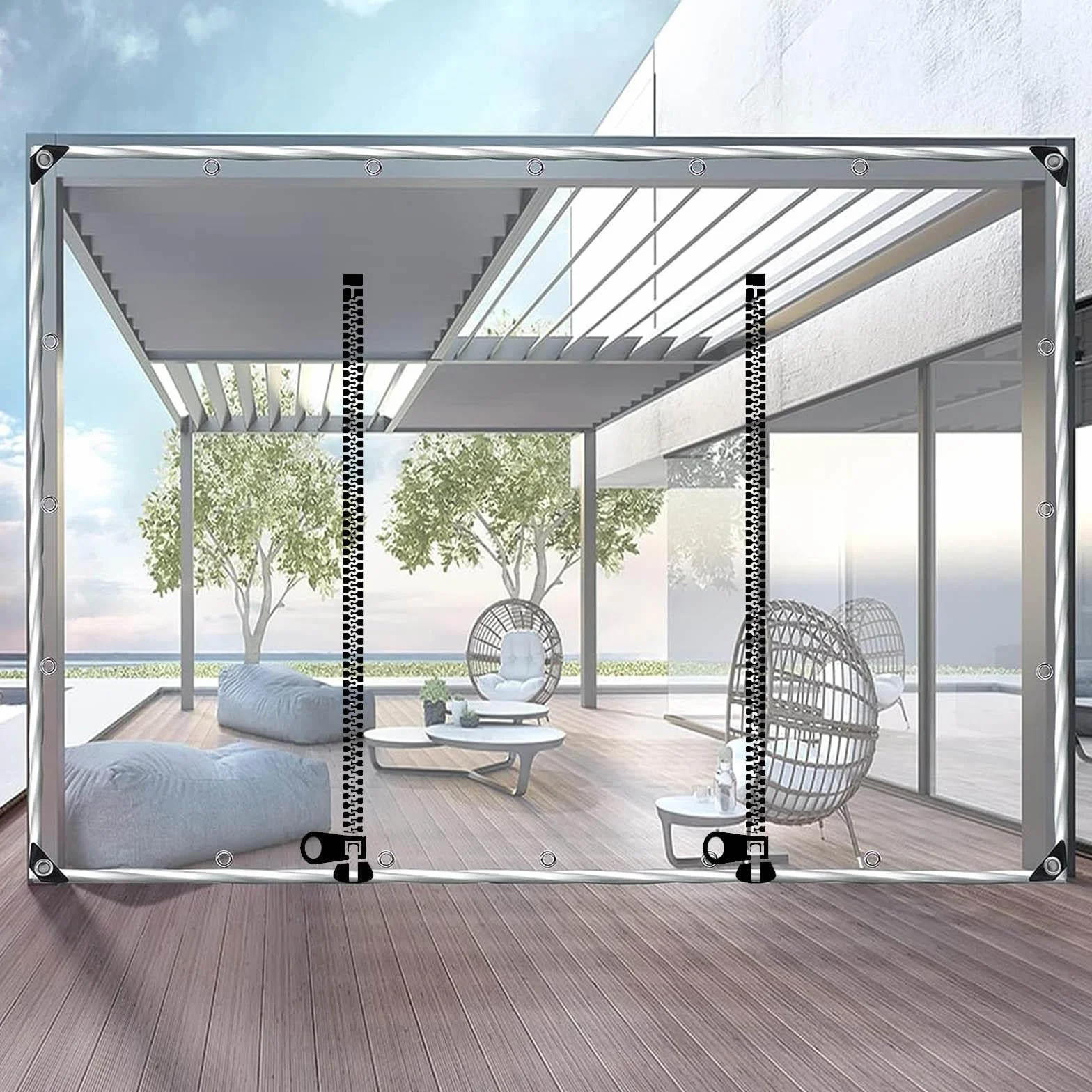 Przezroczysta plandeka z drzwiami na zamek błyskawiczny, 0,5 mm, wytrzymała, wodoodporna, przezroczysta, panele boczne, pergola zewnętrzna, patio, weranda, pawilon, zasłona działowa, szer. x wys. 2,8