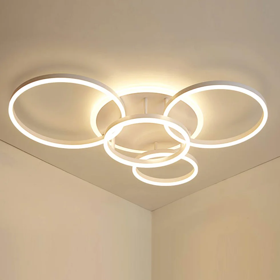 Przyciemniana lampa sufitowa LED, nowoczesna, do salonu, z pilotem zdalnego sterowania, metalowa, akrylowa, oświetlenie sypialni, kuchni, jadalni, łazienki, lampa punktowa, biała, 5 pierścieni