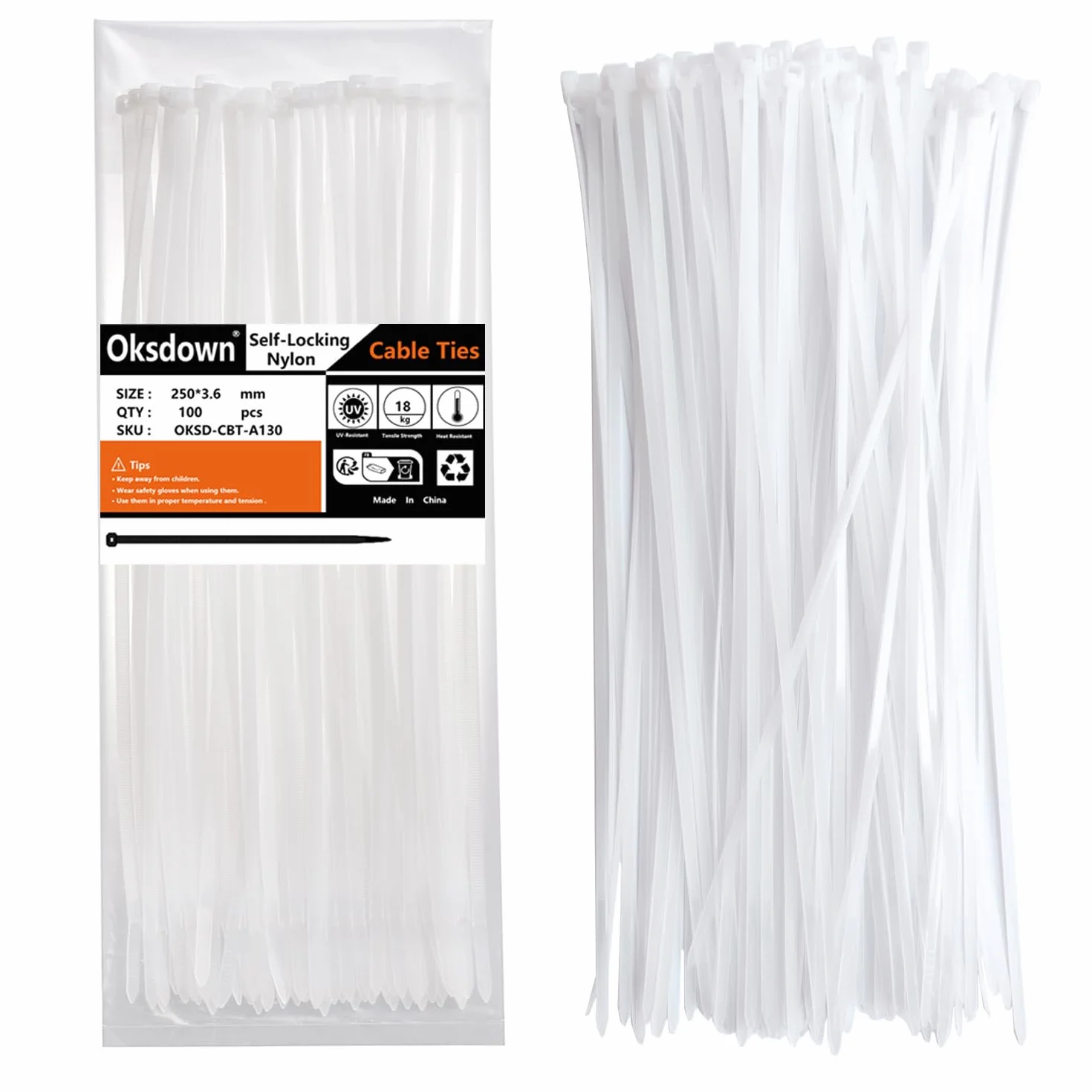100 sztuk 250 mm × 3,6 mm, białe opaski kablowe o wytrzymałości na rozciąganie 18 kg, odporne na promieniowanie UV, nylonowe, tworzywo sztuczne, samoblokujące, wielofunkcyjne opaski kablowe