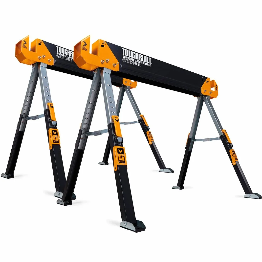 ToughBuilt – Składany kozioł do piłowania/stół budowlany – wytrzymały, trwały, lekki, wytrzymały, 100% stal nierdzewna, nośność 590 kg, odchylane nóżki, regulowana wysokość nóg – (TB-C650-2-DE) 2