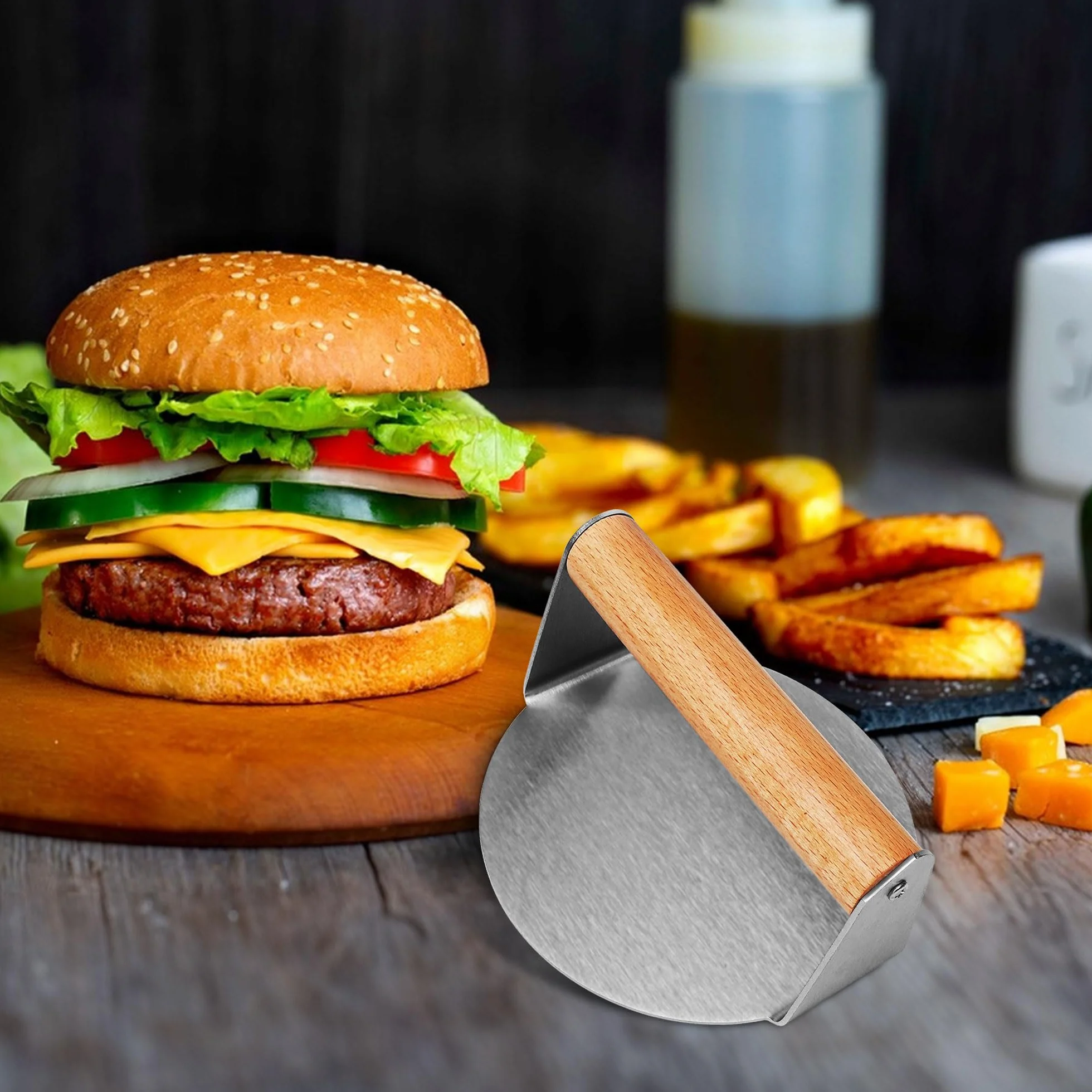 Prasa do burgerów ze stali nierdzewnej, 100 arkuszy papieru do pieczenia, płaski grill