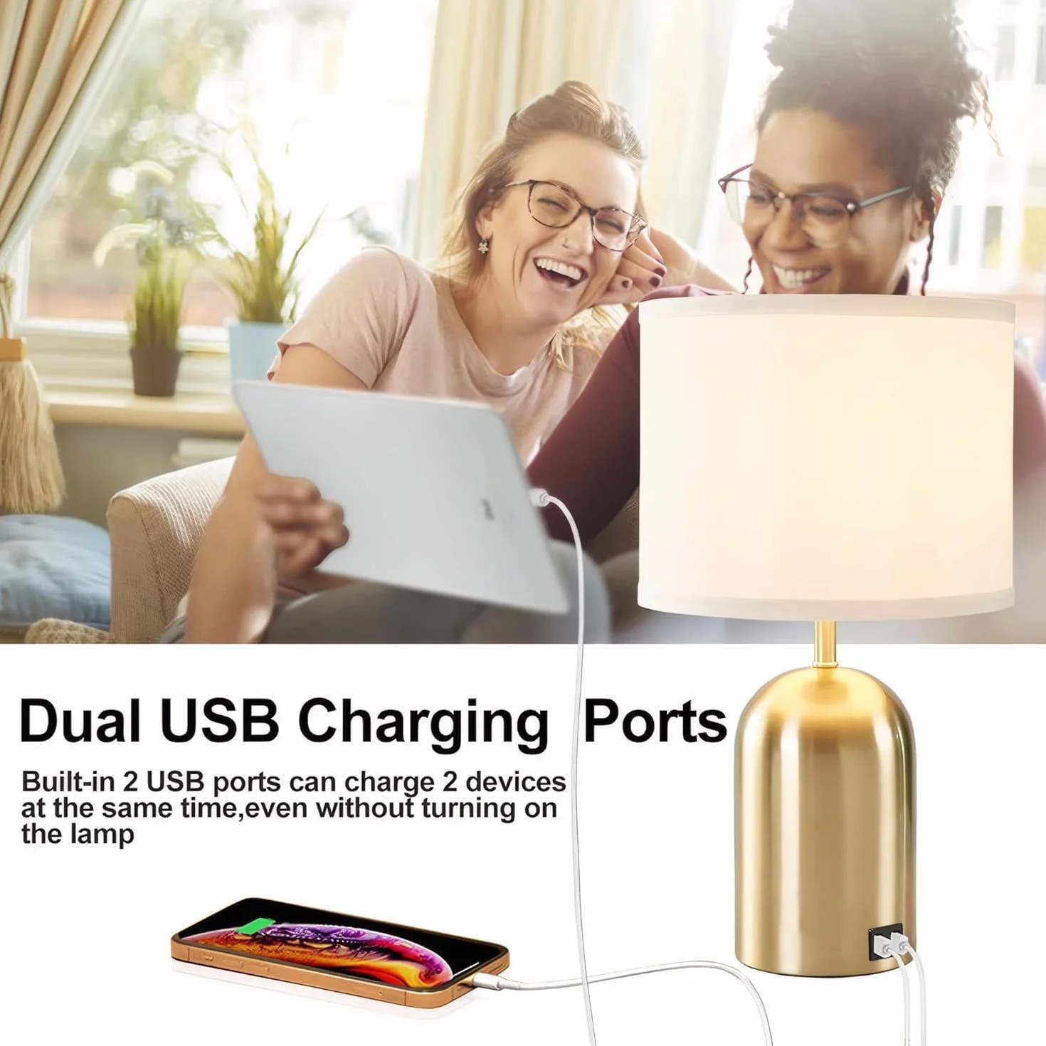 GyroVu Lampka nocna z portem USB, sterowanie dotykowe lampa stołowa do sypialni, ściemniana nowoczesna lampa nocna z kloszem z tkaniny, złota podstawa do salonu, akademika, domowego biura, żarówka LED