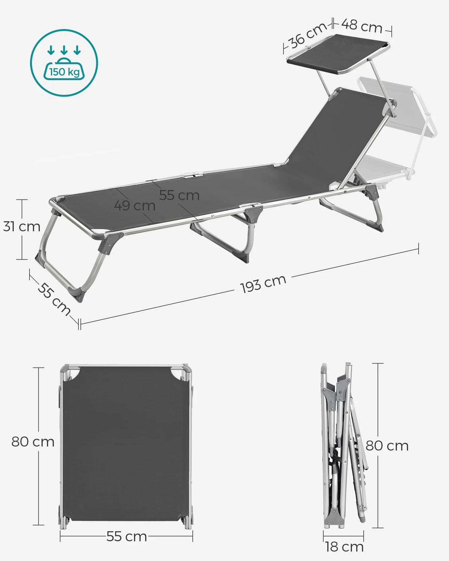 SONGMICS GCB19GYV1 składany leżak plażowy, 193 x 55 x 31 cm, maks. obciążenie 150 kg, z ochroną przed słońcem, regulowane oparcie, na taras, basen, do ogrodu, kolor szary dymny