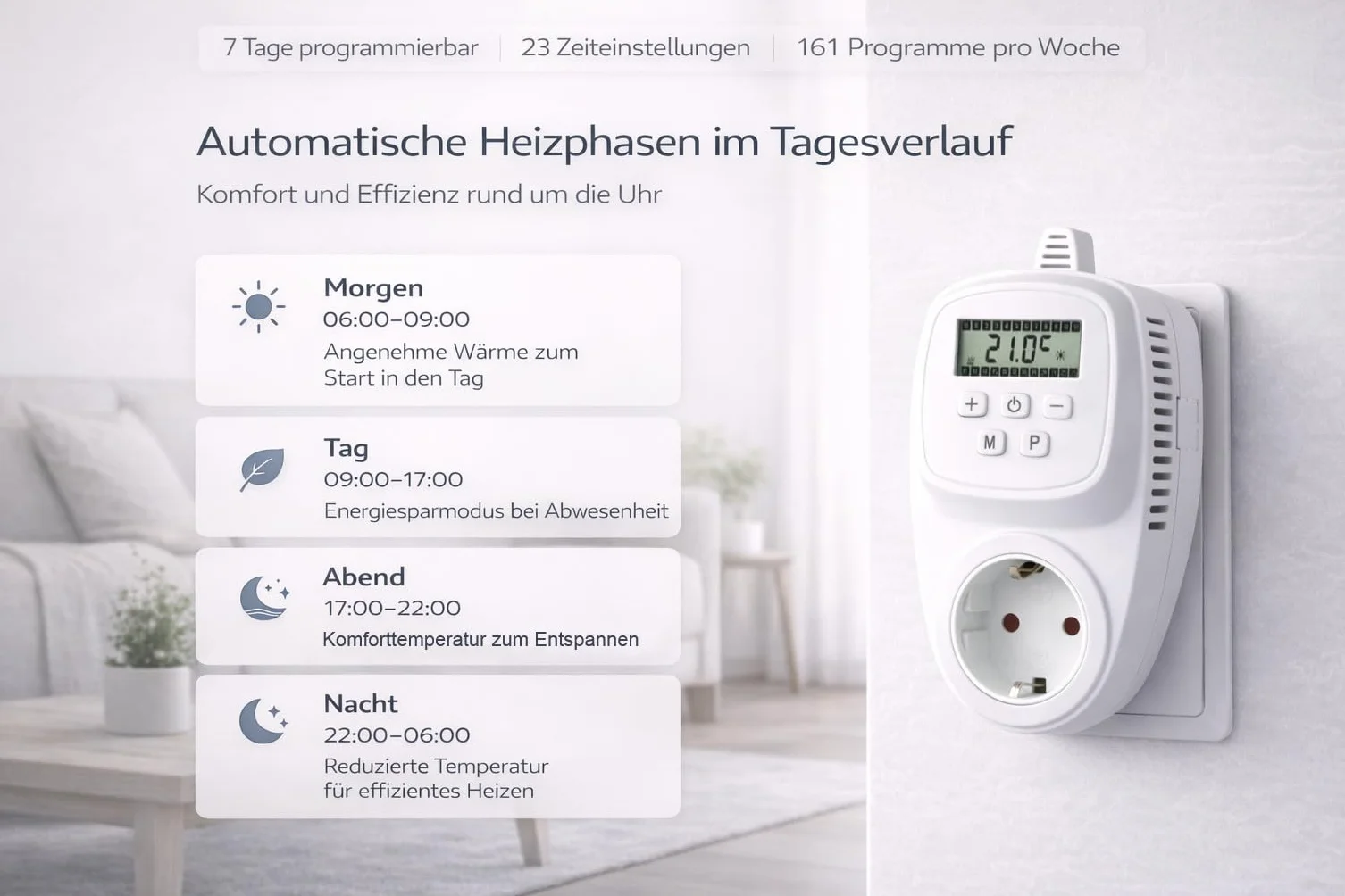 VIESTA® TH12 termostat gniazdkowy, programowalny, 7 dni, 230 V / 16 A / 3600 W, 5–35°C, 0,5°C, wyświetlacz LCD, pamięć EEPROM, ochrona przed zamarzaniem, do ogrzewania elektrycznego, paneli grzewczych