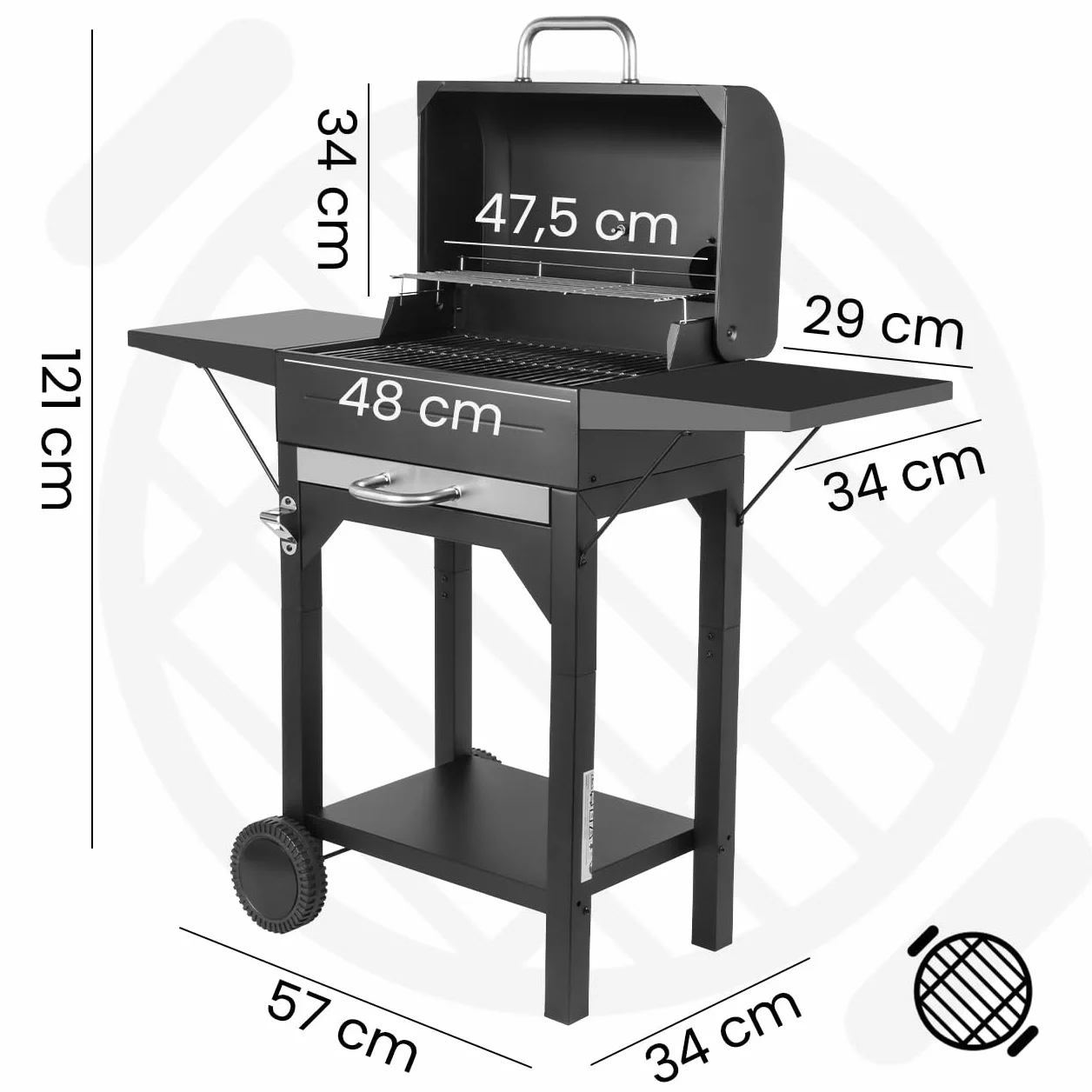 MalTec grill na węgiel drzewny ogrodowy z pokrywą komina, powierzchnia grillowania, termometr Chimney BBQ, wysuwana popielniczka