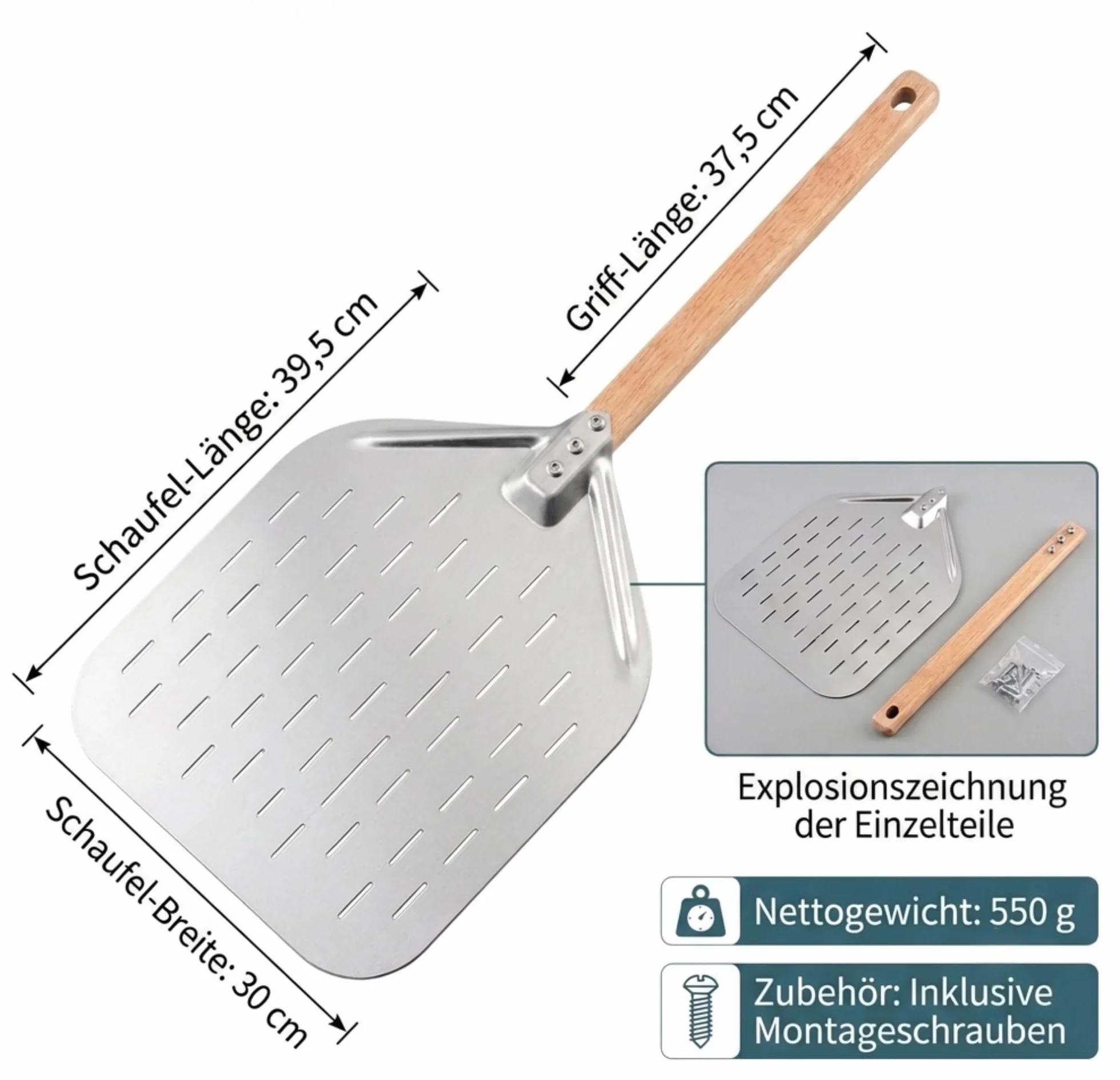 Łopatka do pizzy perforowana aluminiowa 39,5 x 30 x 2 cm ze zdejmowanym drewnianym uchwytem