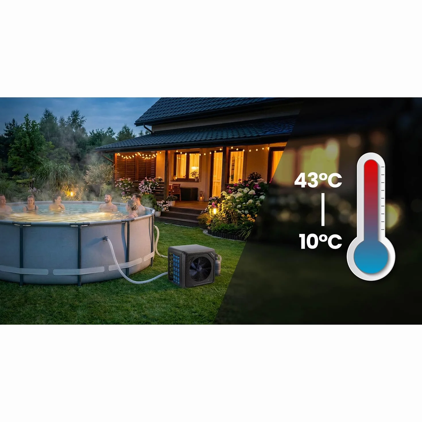 Humberg Pompa Ciepła do Basenu 5 kw - do 30 000 l - Energooszczędna - Cicha Praca 48 dB - Sterowanie za Pomocą Wi-Fi - Wyświetlacz LCD - Wydajność COP 5,17 - do Basenów Ogrodowych do 8-20 m³