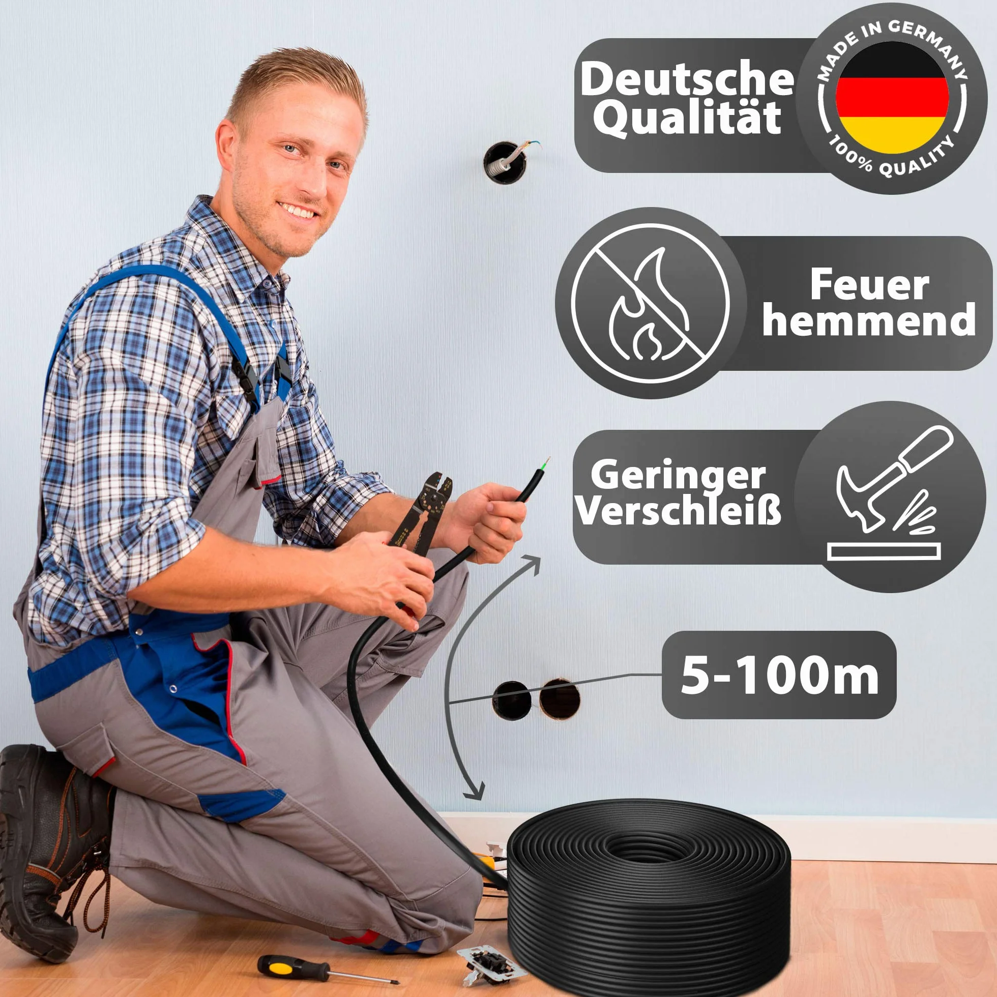 MAS Premium Przewód żyłowy H07 V-K 4 mm² od 5 do 100 m, czarny, brązowy, ciemnoniebieski, zielono-żółty, szary, jasnoniebieski, biały lub czerwony, pojedynczy kabel elastyczny (czarny, 60 m)