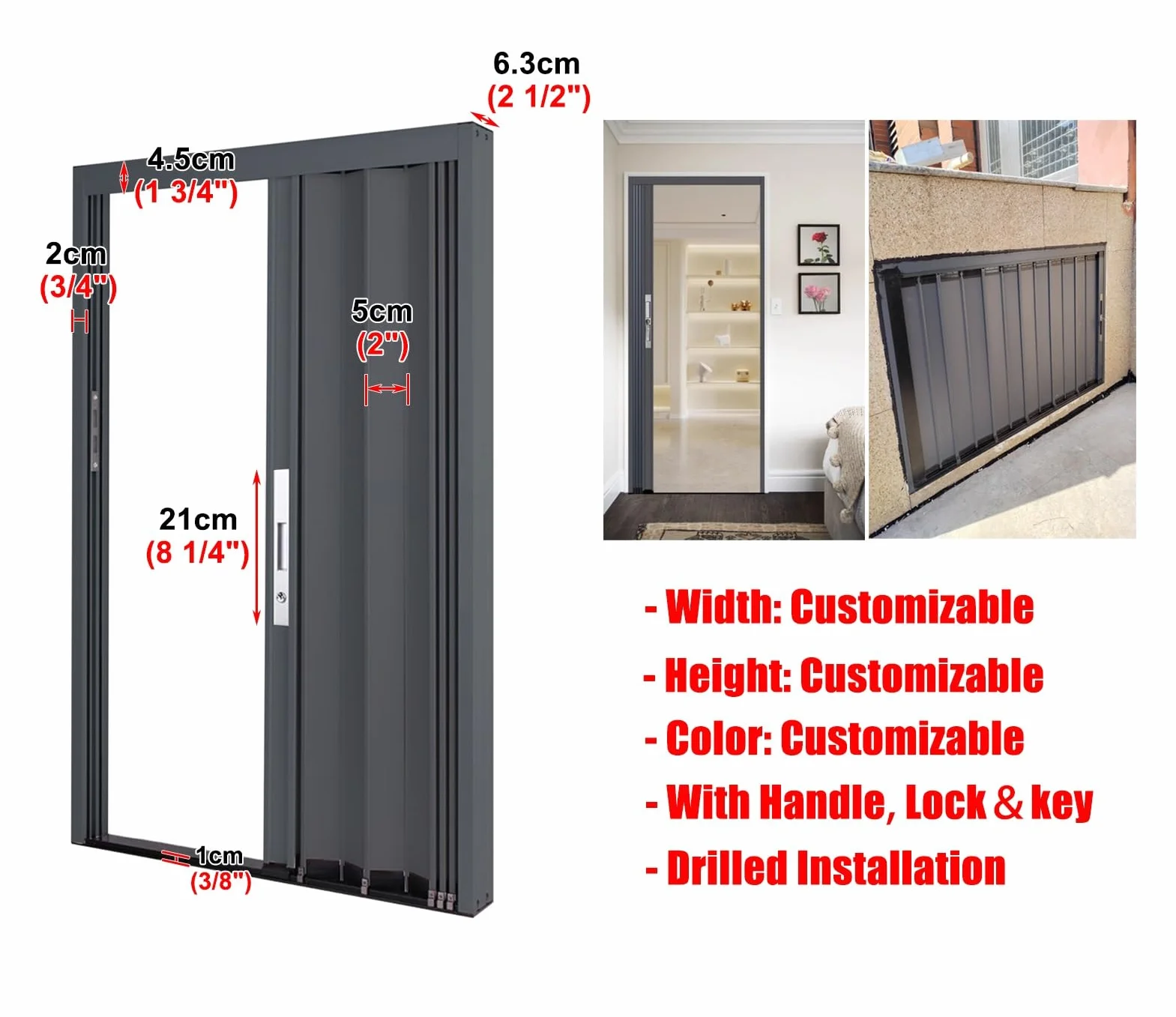 Dostosowywane Wewnętrzne Drzwi Harmonijkowe z Zamkiem I Kluczem, Izolacyjne Aluminiowe Drzwi Składane, Szara Wieloskładkowa Ścianka Działowa, do Drzwi(80x210cm(31.5x82.7in))